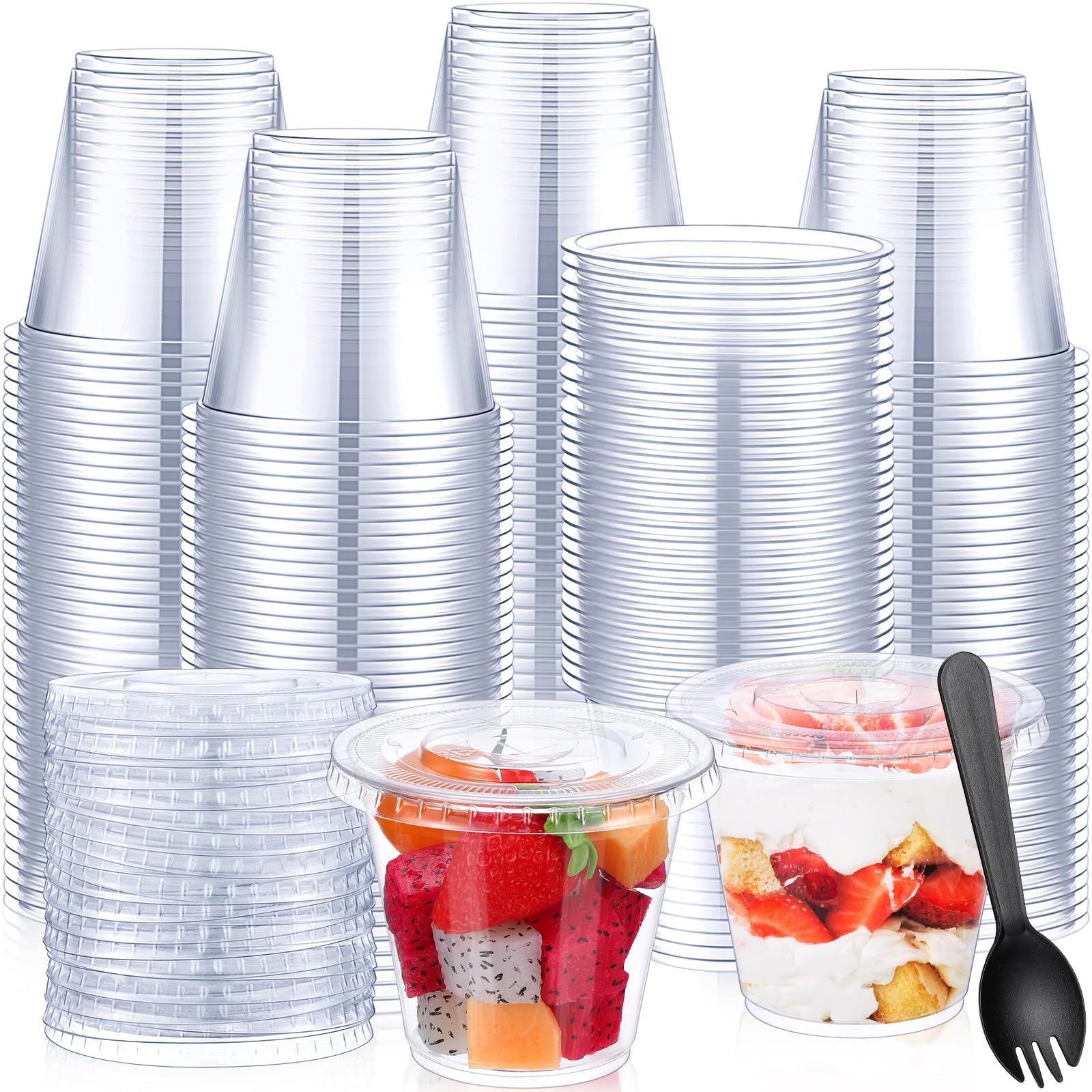 Suclain 300 Pack 8oz Disposable Plastic Cups with Flat Lid and Sporks Set, Clear Fruit Cup, Plastic Spork, 8oz Containers with Lids and Holes for Food