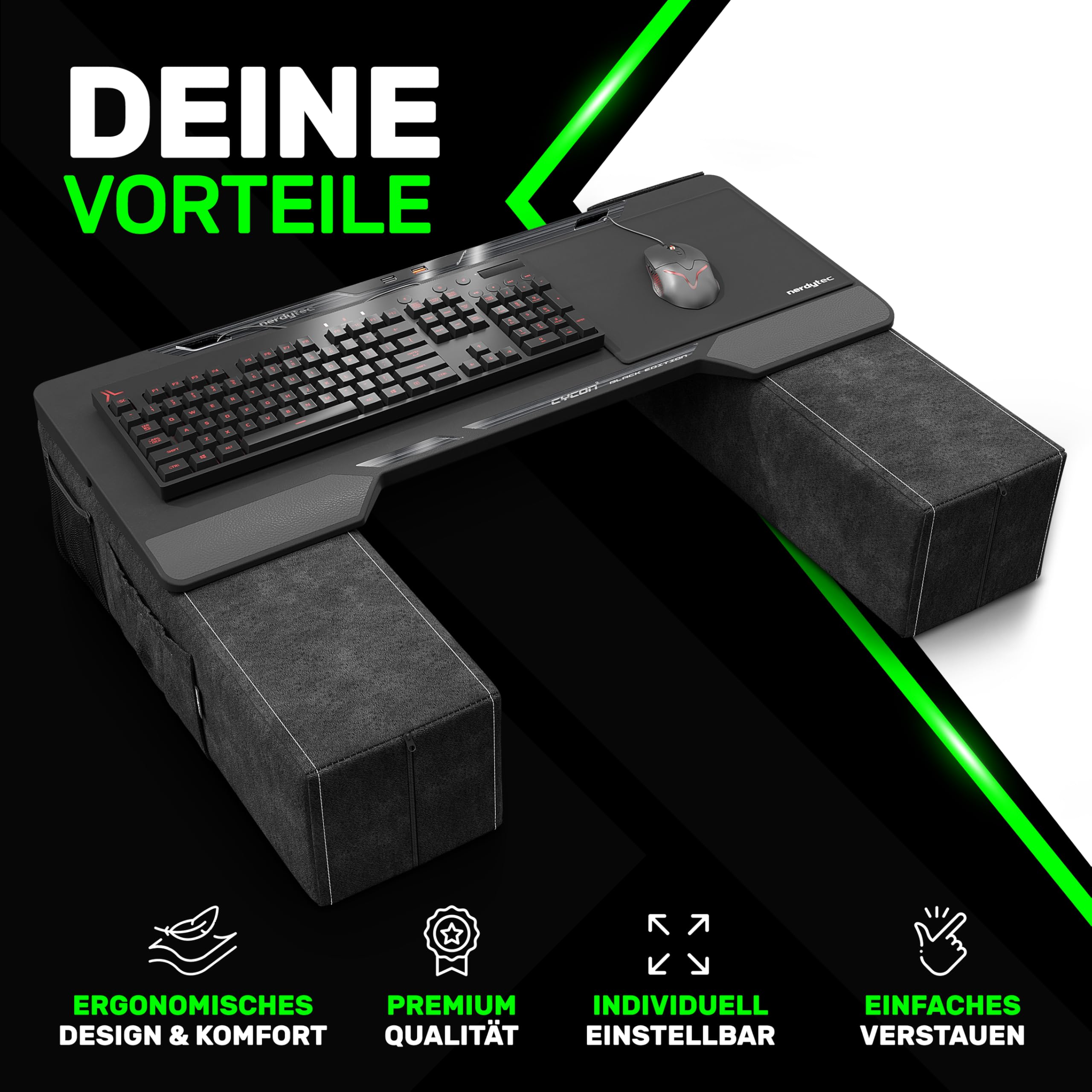 Couchmaster CYCON² Black Edition, ergonomischer Gaming Laptoptisch für Couch, Sofa und Bett, Laptop Tisch mit USB Hub für PC, PS4/5, Xbox One/Series X und Laptops