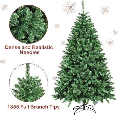 Miniatura 6 de Happygrill Árbol de Navidad artificial de 5 pies con 405 puntas de rama, árbol de Navidad con soporte de metal y bayas blancas y flores