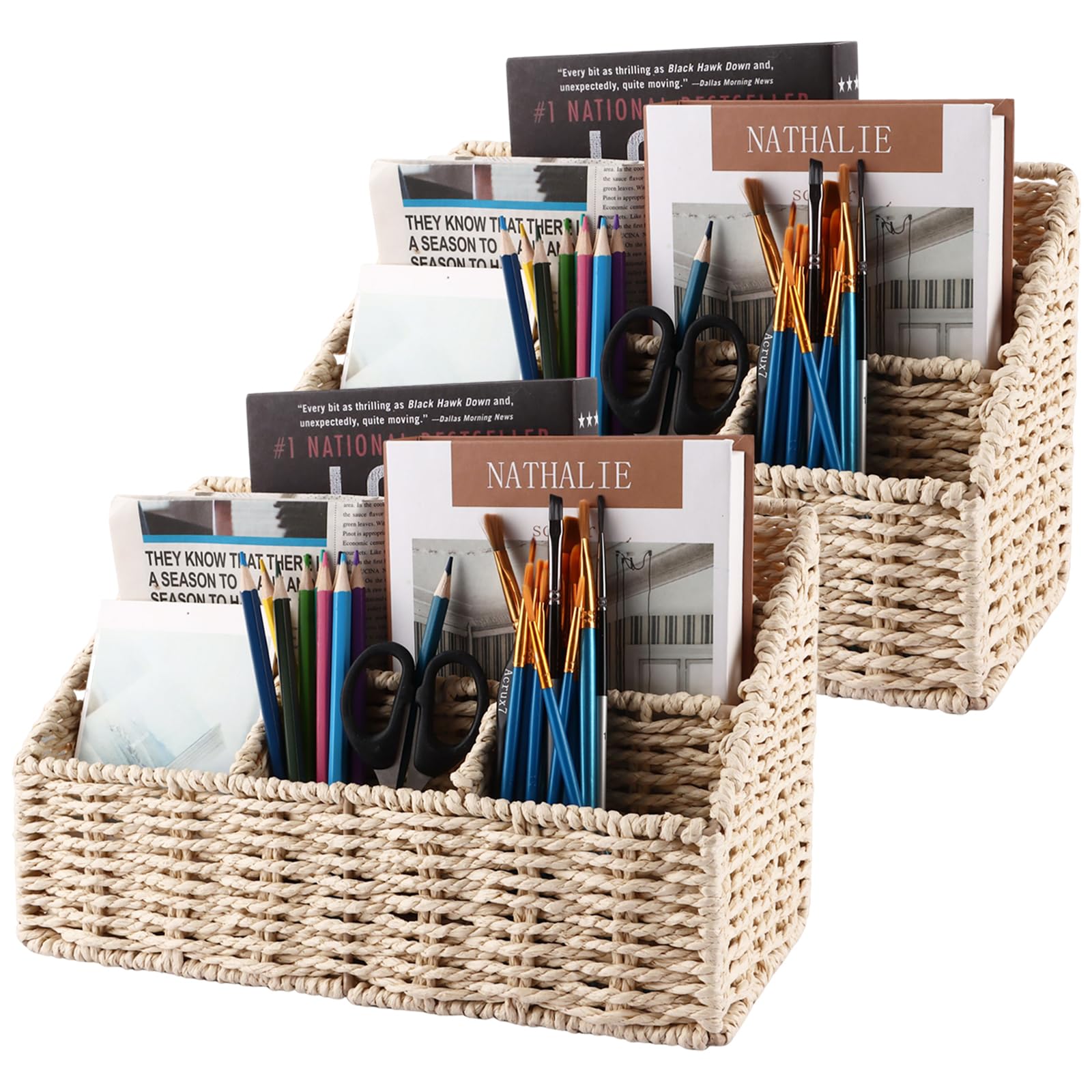 DAJAVE Lot de 2 organisateurs de bureau tissés naturels pour stylos et notes, 31,5 x 15,5 x 20 cm, organisateurs de bureau