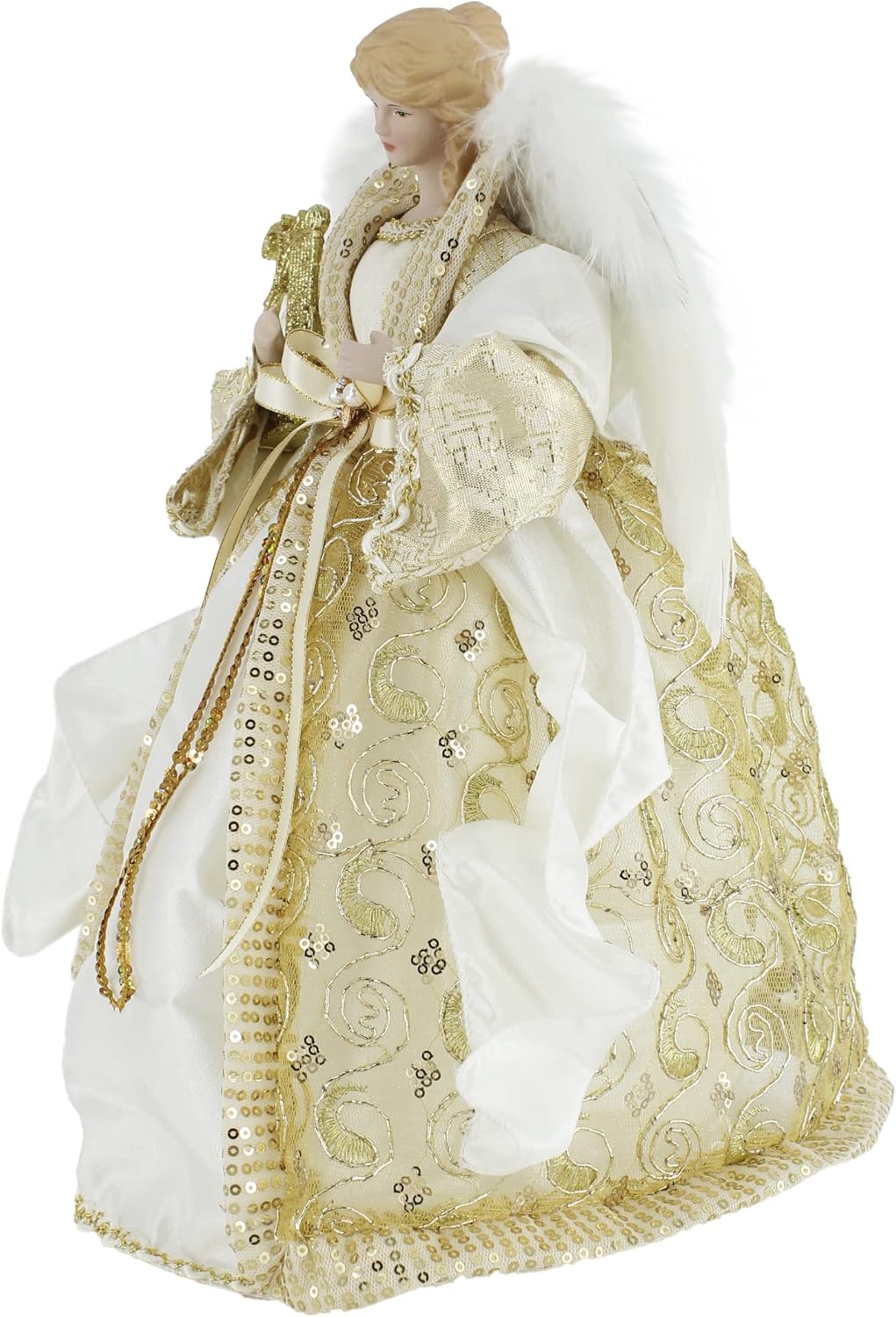 14" Inch Standing Sequin Sash Golden Harp Angel Christmas Tree Topper or Table Top 514122