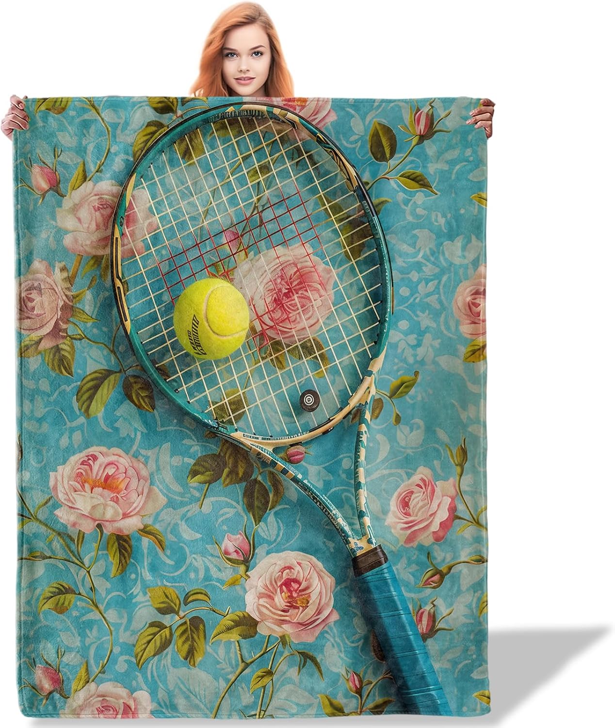 Retro Tennis Racket and Floral Throw Blanket for Women Girls Boys, Soft Flannel Blankets Gifts for Living Room Couch, Home, Sofa Decor, 50"x60"