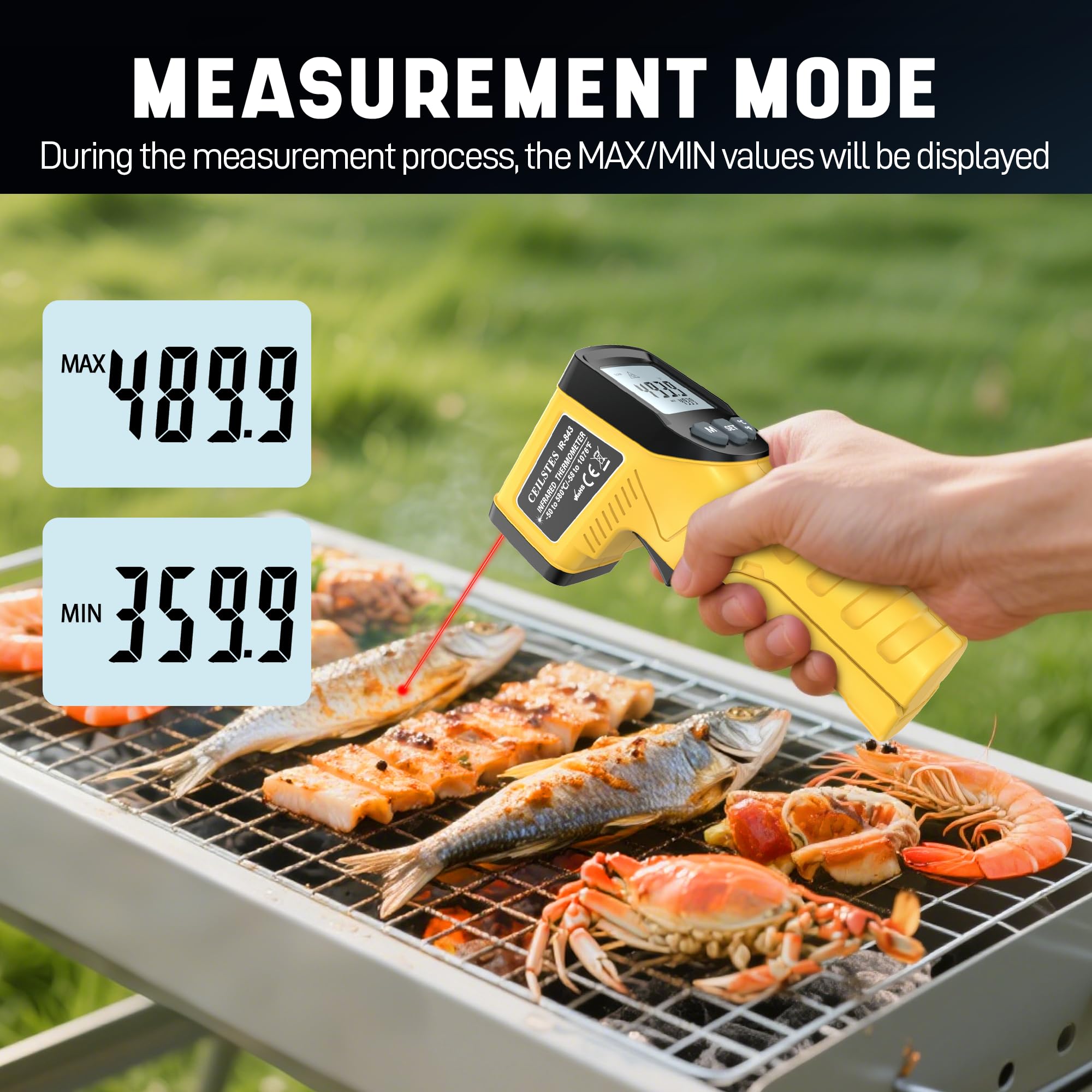 Pistola de termómetro infrarrojo, pistola de temperatura infrarroja para cocinar, pistola de termómetro láser de -50.0 °C ~ 580.0 °C con emisividad ajustable y máx./min, adecuada para la