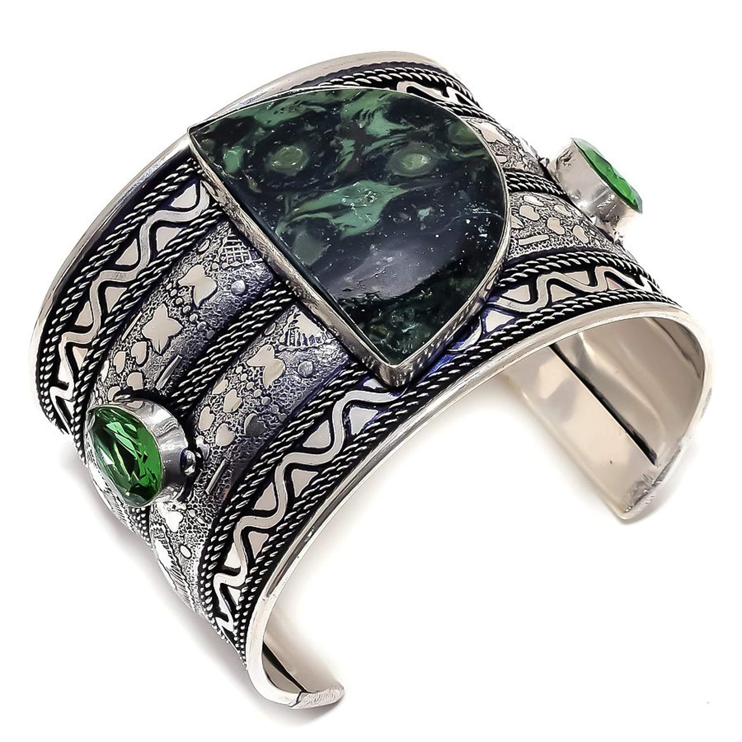 Earth GEMS™ Galaxy Jasper Peridot Gemstone 925 Silver Jewelry Cuff Bracelet Adst. VS-2016