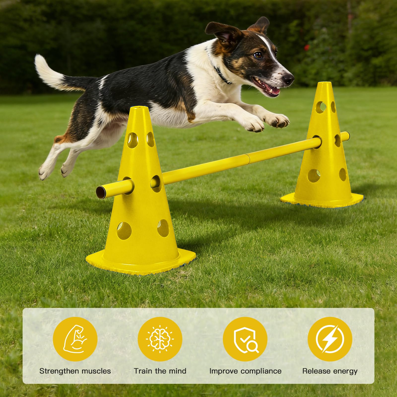 Set de Vallas de Agilidad con 10 Conos + 5 Barras, Altura Regulable para Entrenamiento Canino y Fútbol, Set Multiuso para Niños, Perros y Caballos, 23 cm de Alto, 80 cm de Largo (Amarillo)