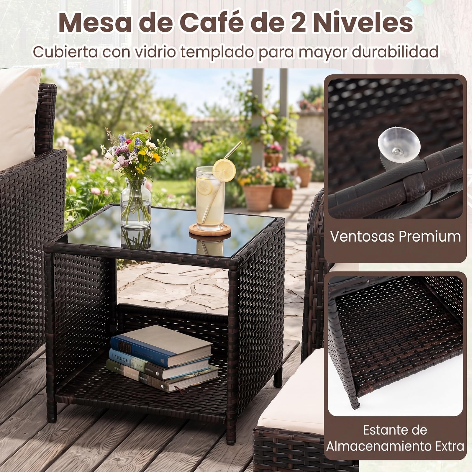 COSTWAY Conjunto Jardin Exterior de Ratán 5 Piezas, 2 Sillas, 2 Otomanas Y 1 Mesa de Centro Vidrio Templado, Cojines Suaves, Conjunto Mesa y Sillas Jardin, Muebles Terraza Balcon Exterior (Beige)