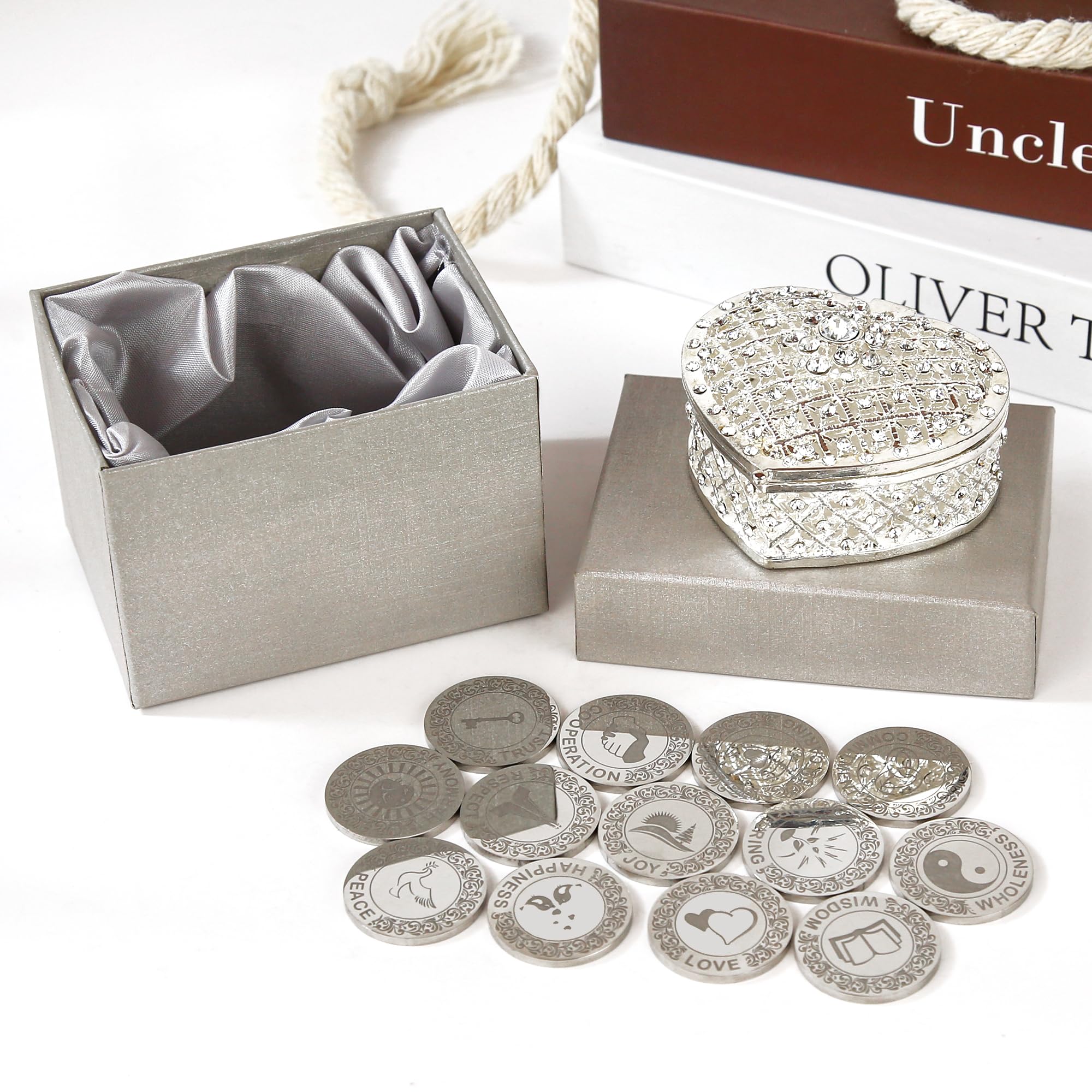 Arras De Boda Cristiana Con 13 Monedas De Bendición - Caja De Cuero, Monedas De Cobre Dorado, 25 Mm