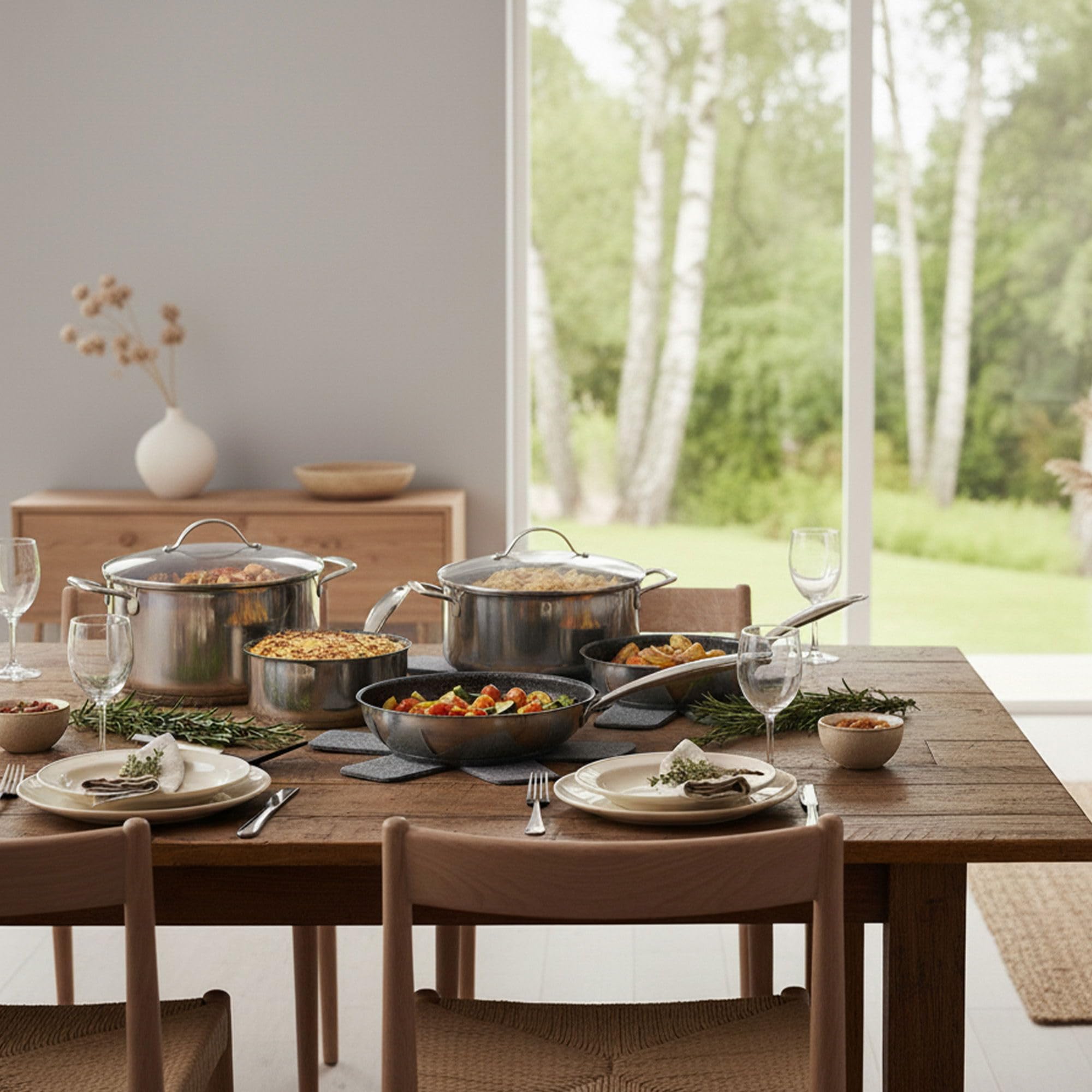 STONELINE PROFESSIONAL Batterie de cuisine en acier inoxydable 11 pièces 18/20/24 cm, poêle et casseroles en acier inoxydable avec couvercle, revêtement antiadhésif avec véritables particules de