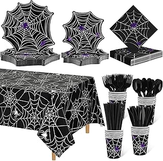 durony 201 Pieces Halloween Spider Web Party Supplies Including Halloween Spiderweb Dinner Paper Plates Cups Napkins Knives Forks Spoons Straws Tablecloth Serves for 25, Halloween Party Decoration