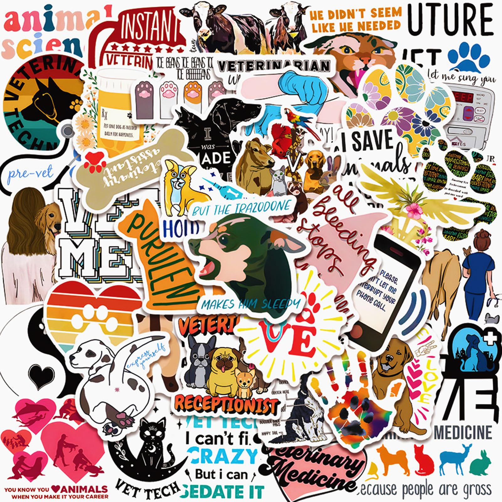 100PCS Cute Veterinary Stickers, Funny Veterinarians Aesthetic Decals Vinyl Waterproof Stickers for Water Bottle Laptop Luggage Helmet Skateboard Snowboard Guitar Scrapbook Phone Gifts