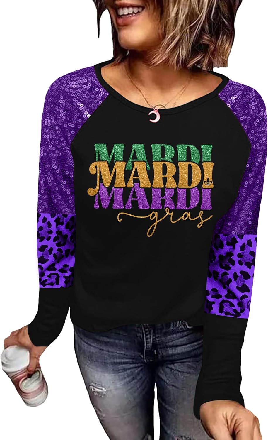 Mardi Shirts for Women Carnival Fat Tuesday Shirt New Orleans Party Mardi Outfit Gifts Sequin Long Sleeve Tee Top