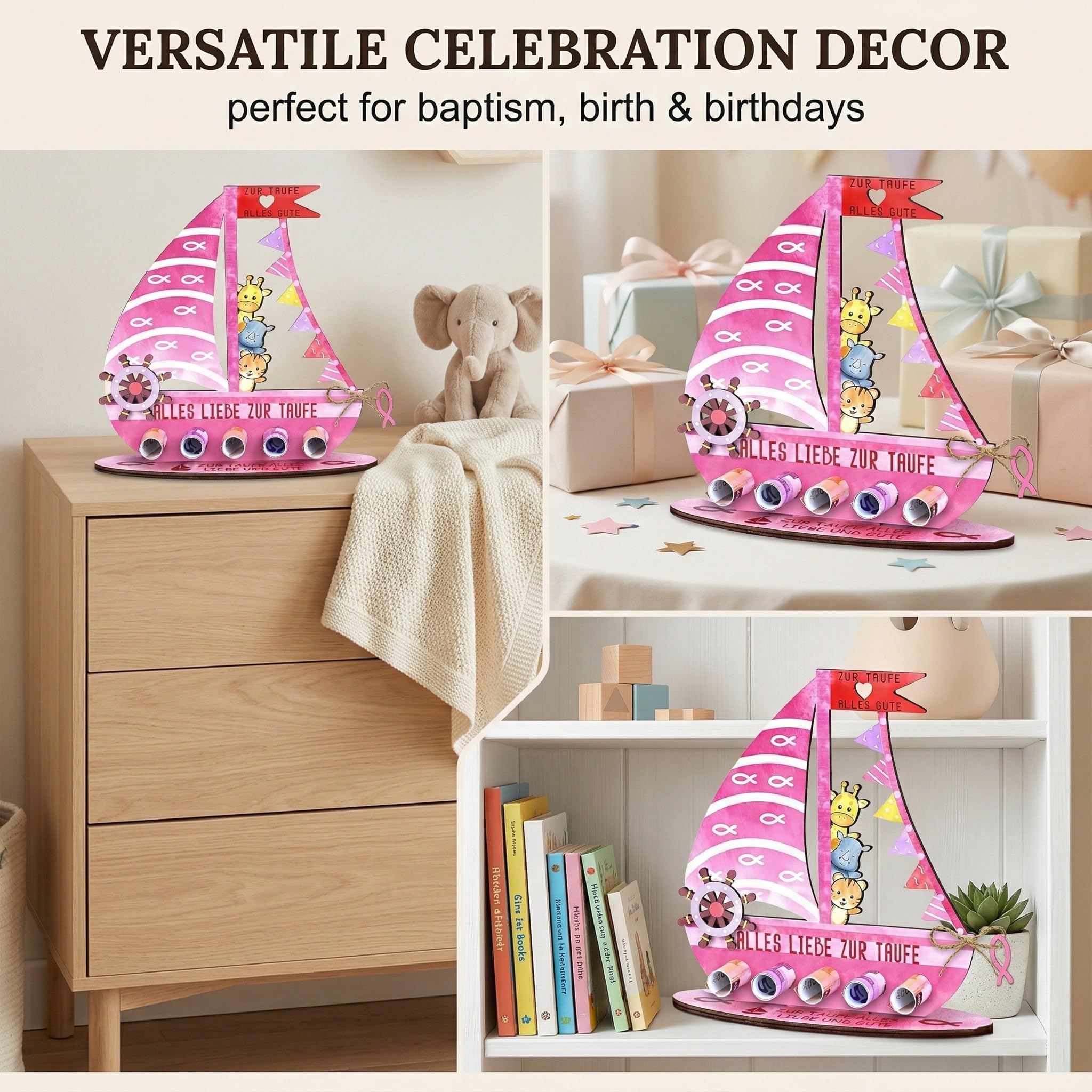 Cadeau Baptême Fille en Bois, Cadeau de Baptême Original pour Bébé Fille, Décoration Arche de Noé Rose, Souvenir pour Communion, Anniversaire et Baby Shower