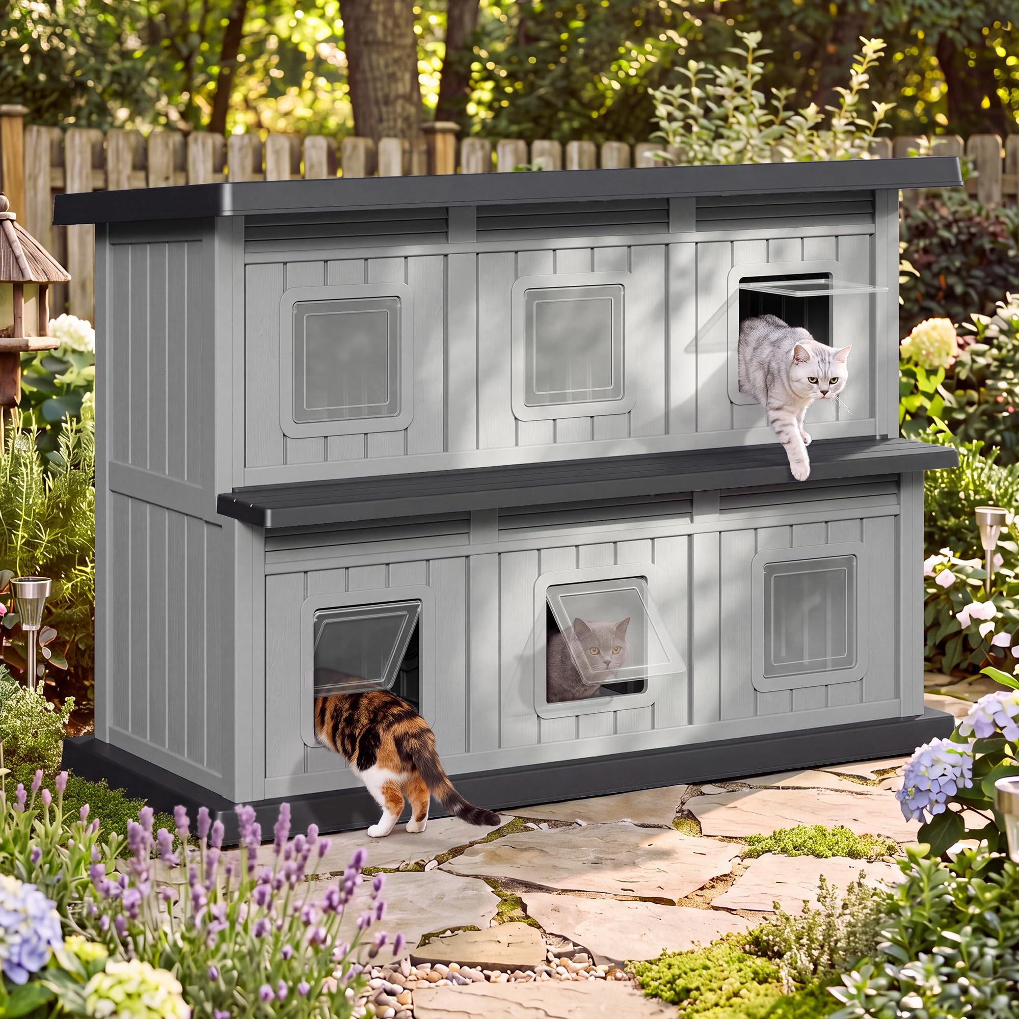Fancyango Cat House Bed Cave, Dual-Layer Large Cat Houses for Outdoor Cats