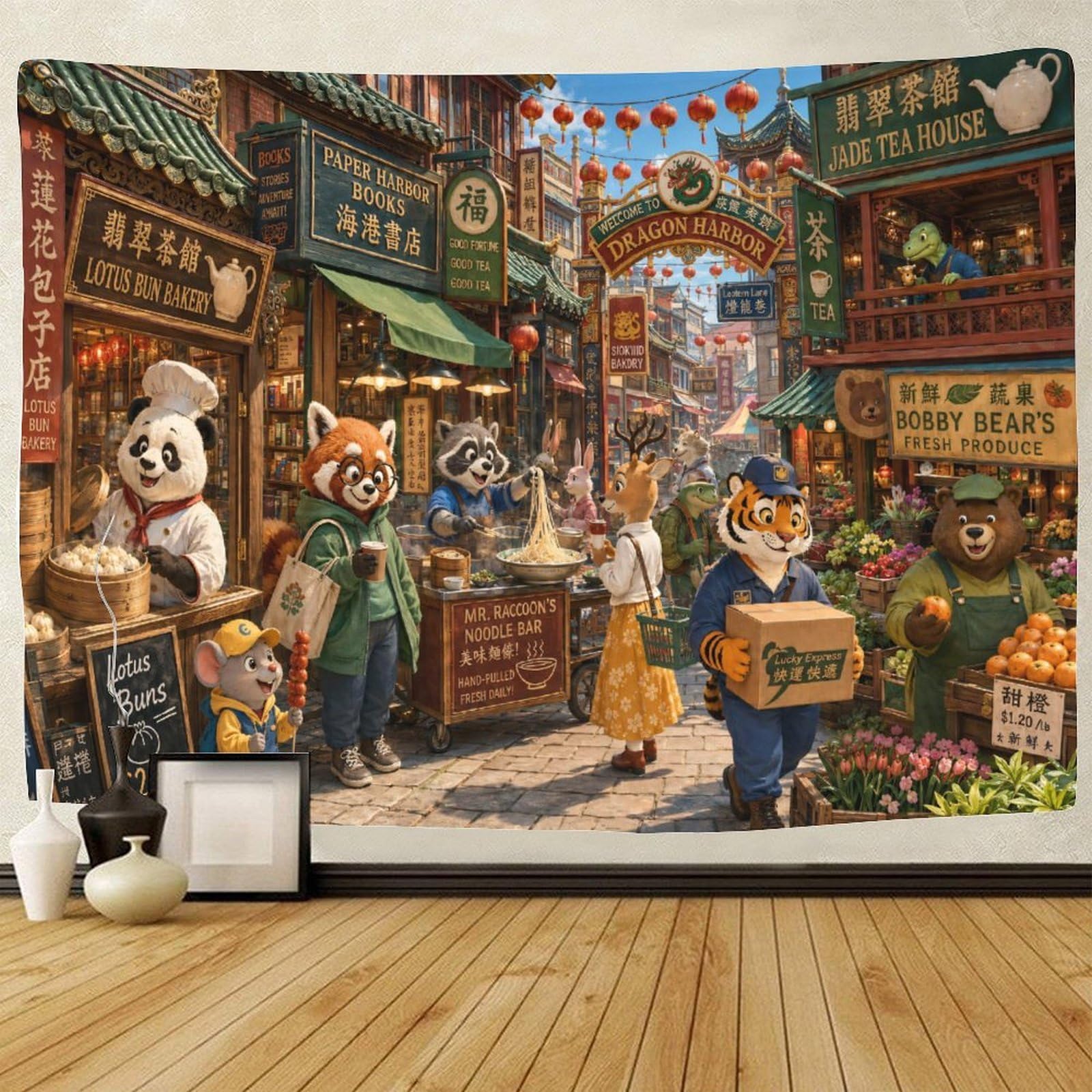 GPMNBCXZK Vintage Chinatown Street Wall Tapestry Wall Art Decor 3D Print Tapestries Poster Home Decoration Bedroom College Dorm 100cmx150cm