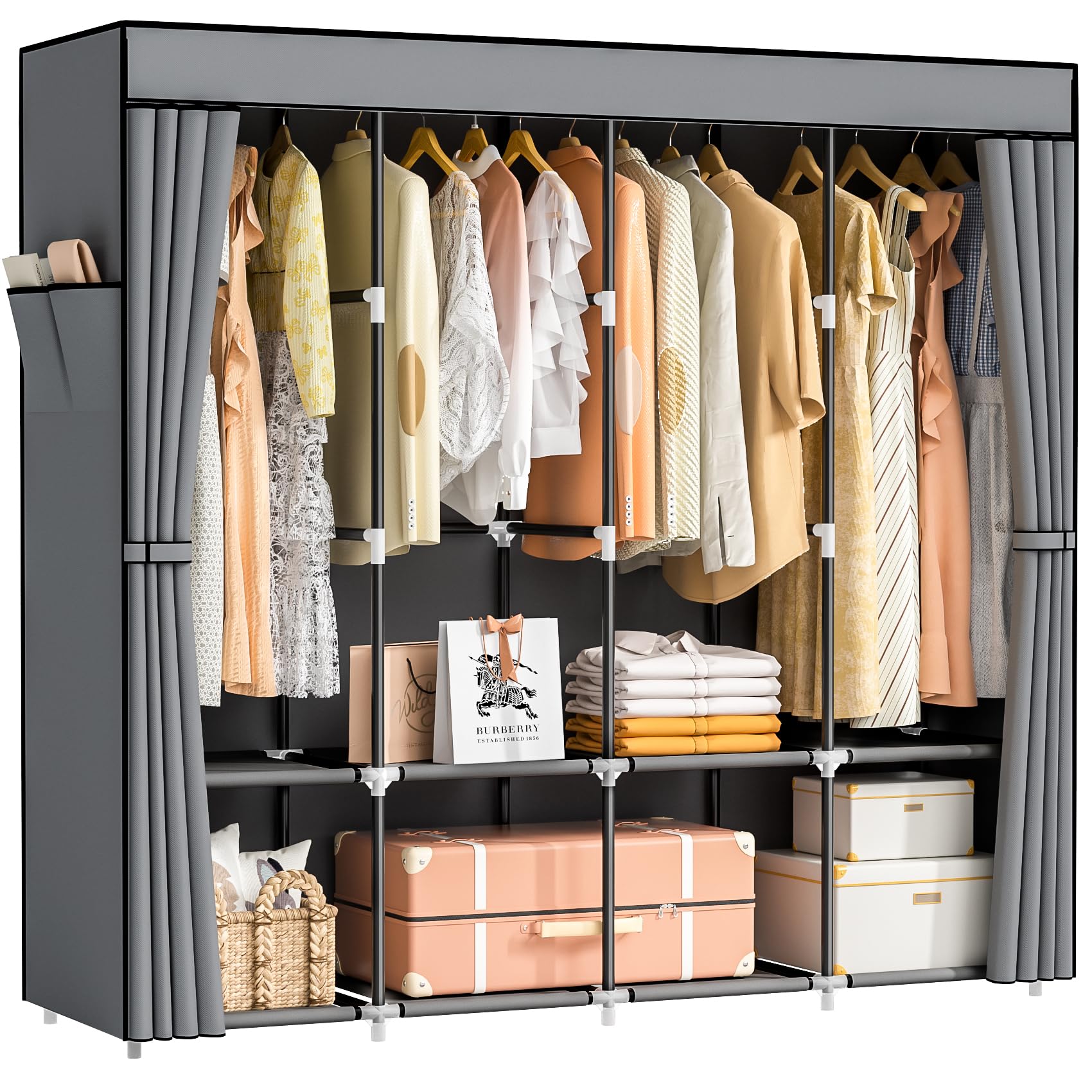 Neatrays Kleiderschrank, Stoffschrank mit 4 Kleiderstange Stabil & 8 Fächern, Faltbarer Kleiderschrank Wardrobe Closet für Kleiderablage Schlafzimmer Ankleidezimmer(Grau)