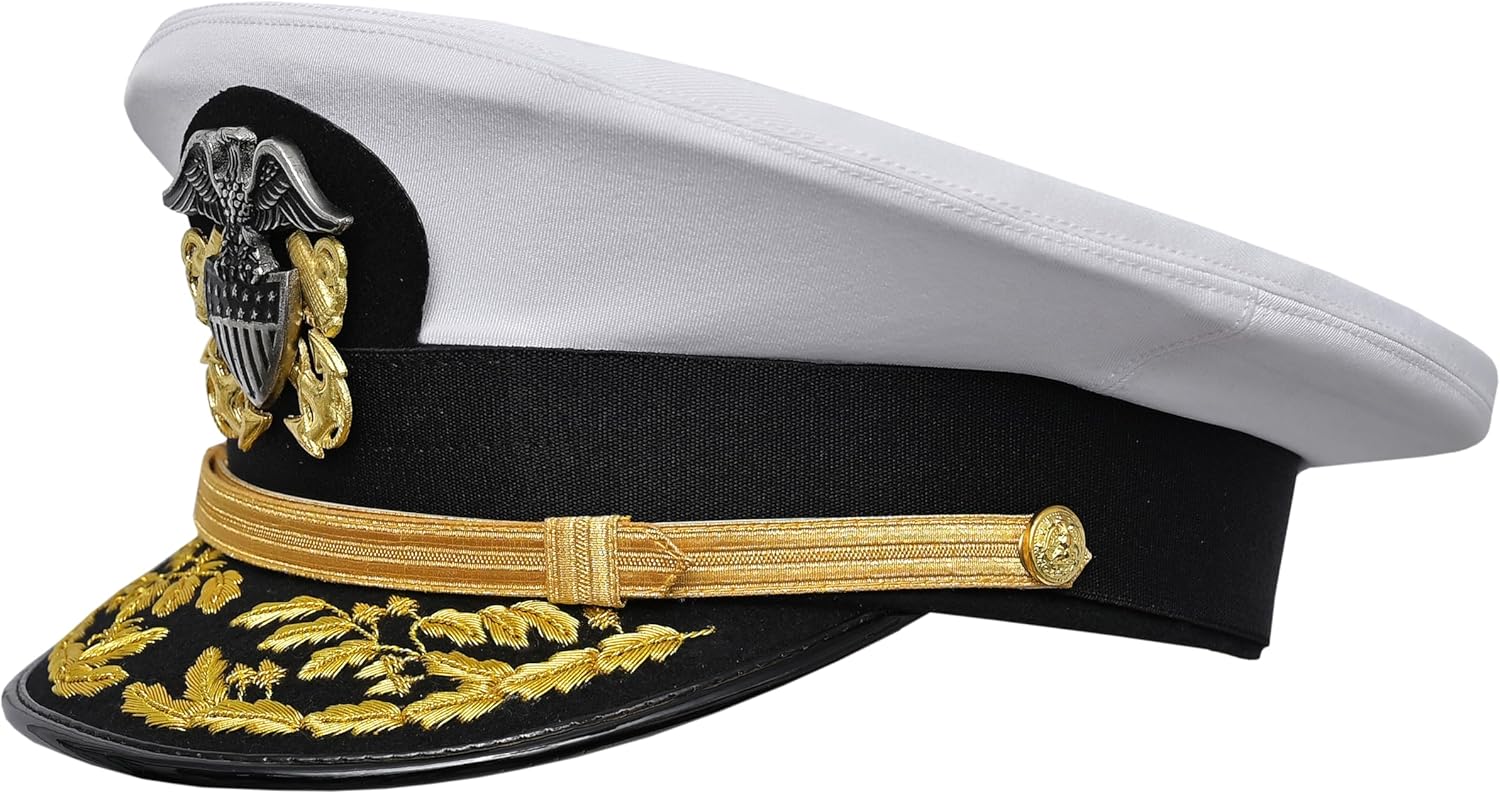 USA Navy Admiral White Cotton Removeable hat Gold Hand Embroidery peek Gold Chin Strap Metal Insignia