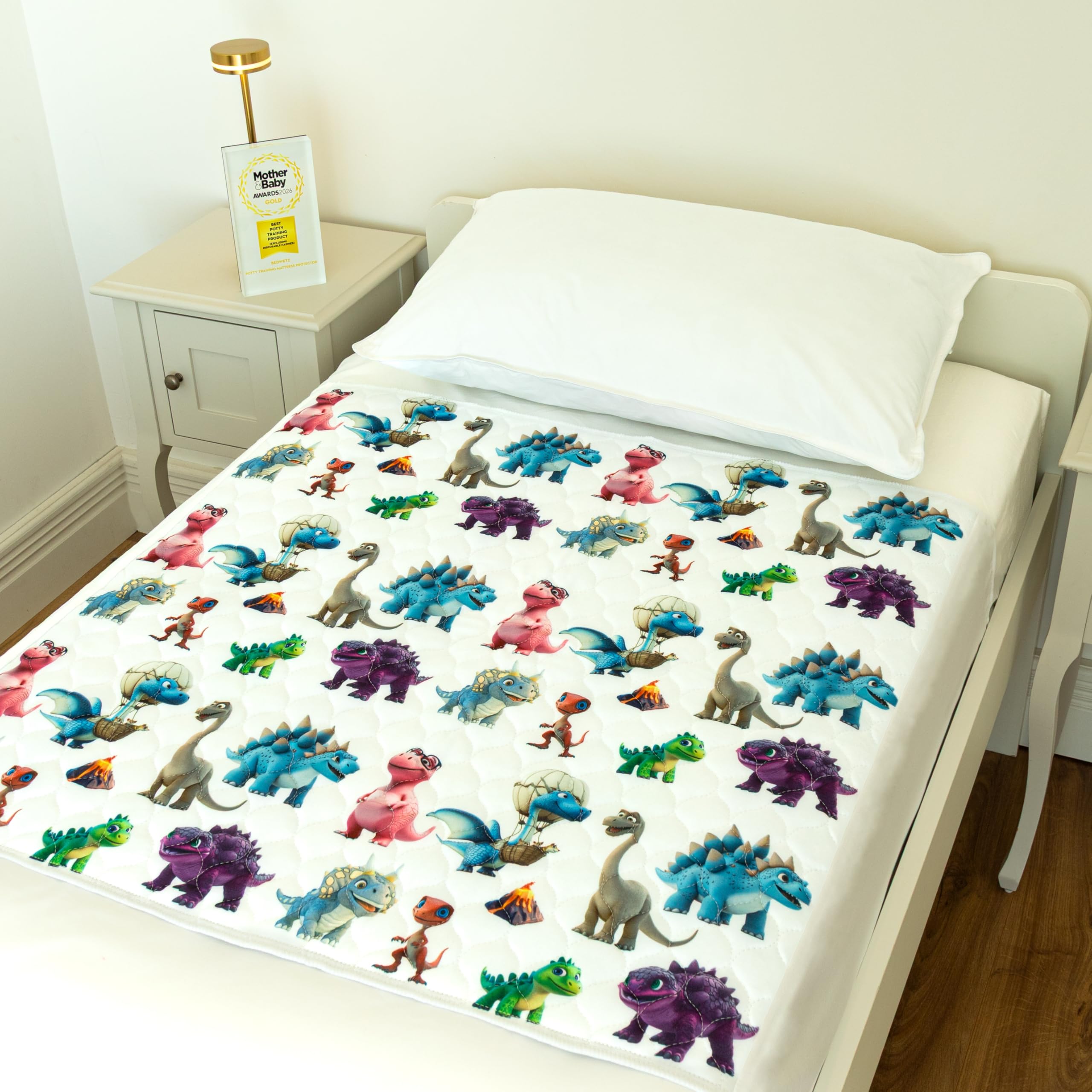 Bedwetz Single Dinosaur Potty Training Bed Pad – Waterproof Mattress Protector For Toddler & Single Beds, Washable 5-Layer Bed Wetting Sheet With Non-Slip Wing Tucks | Dinosaur