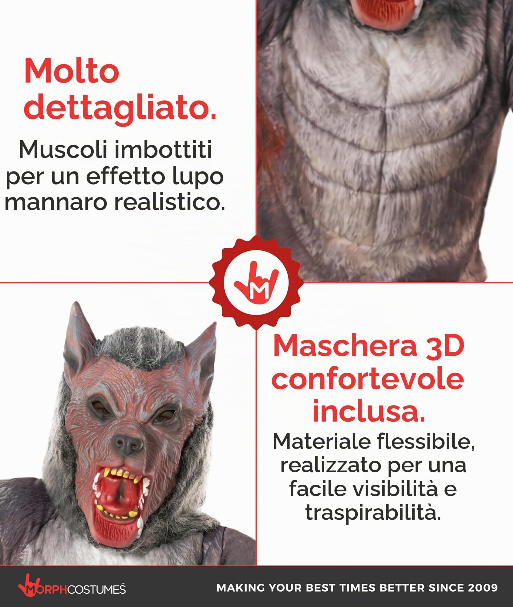 Morph Costume Lupo Mannaro Bambino - Vestito Halloween per Bambina e Bambino, Abito da Lupo Mannaro per Feste e Party, M