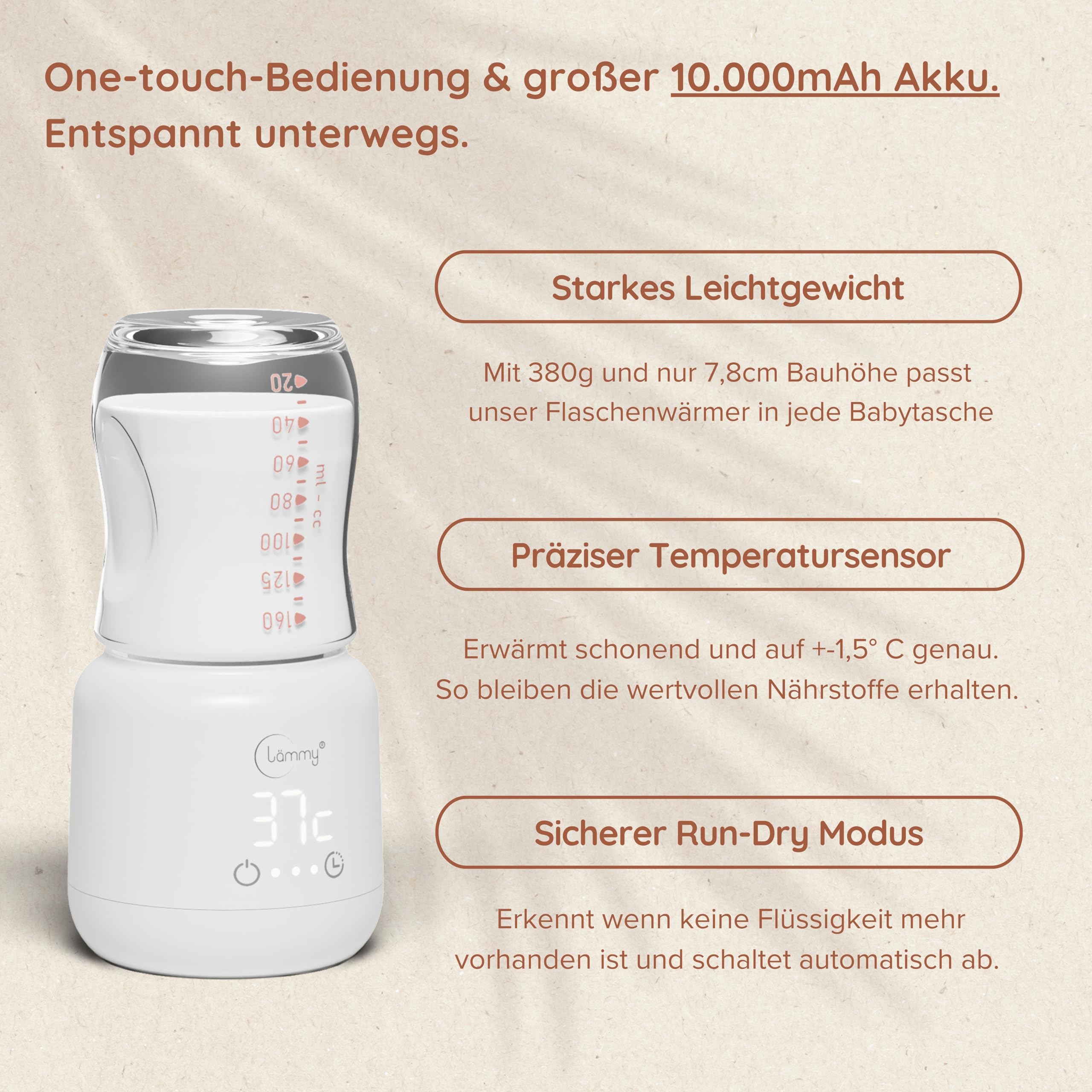 Flaschenwärmer Baby unterwegs – akkubetriebener, tragbarer babyflaschen wärmer to go – temperaturgenau, auslaufsicher und kompakt – passt auf alle Babyflaschen – USB baby bottle warmer