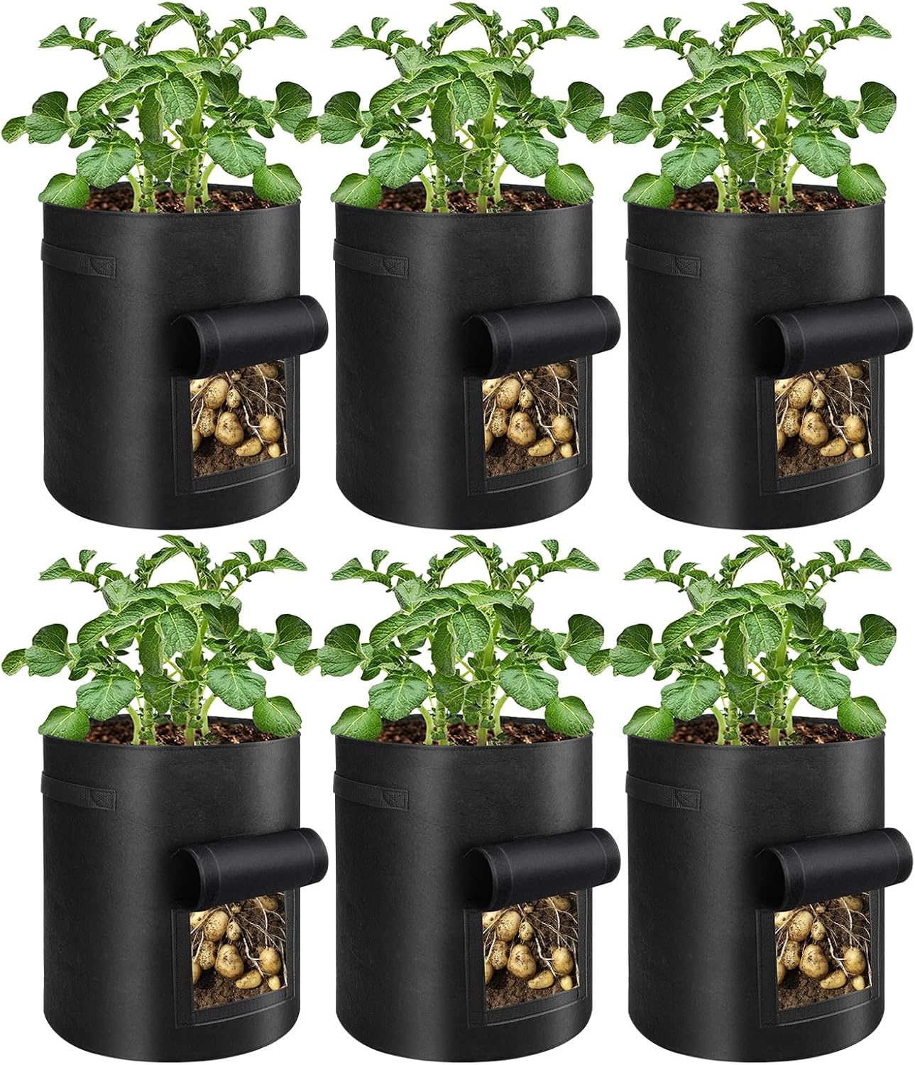 6 Pack Potato Grow Bags, 10 Gallon Planting Bags Large Fabric Pots with Flap Window Vegetable Planter Garden Pot Tall Potato Growing Containers with Handles for Vegetables, Fruits, Green + Orange