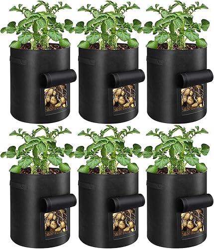 Paquete de 6 bolsas de cultivo de patatas de 10 galones con solapa y asa, macetas de tela gruesa para jardín, para tomate, verduras y frutas