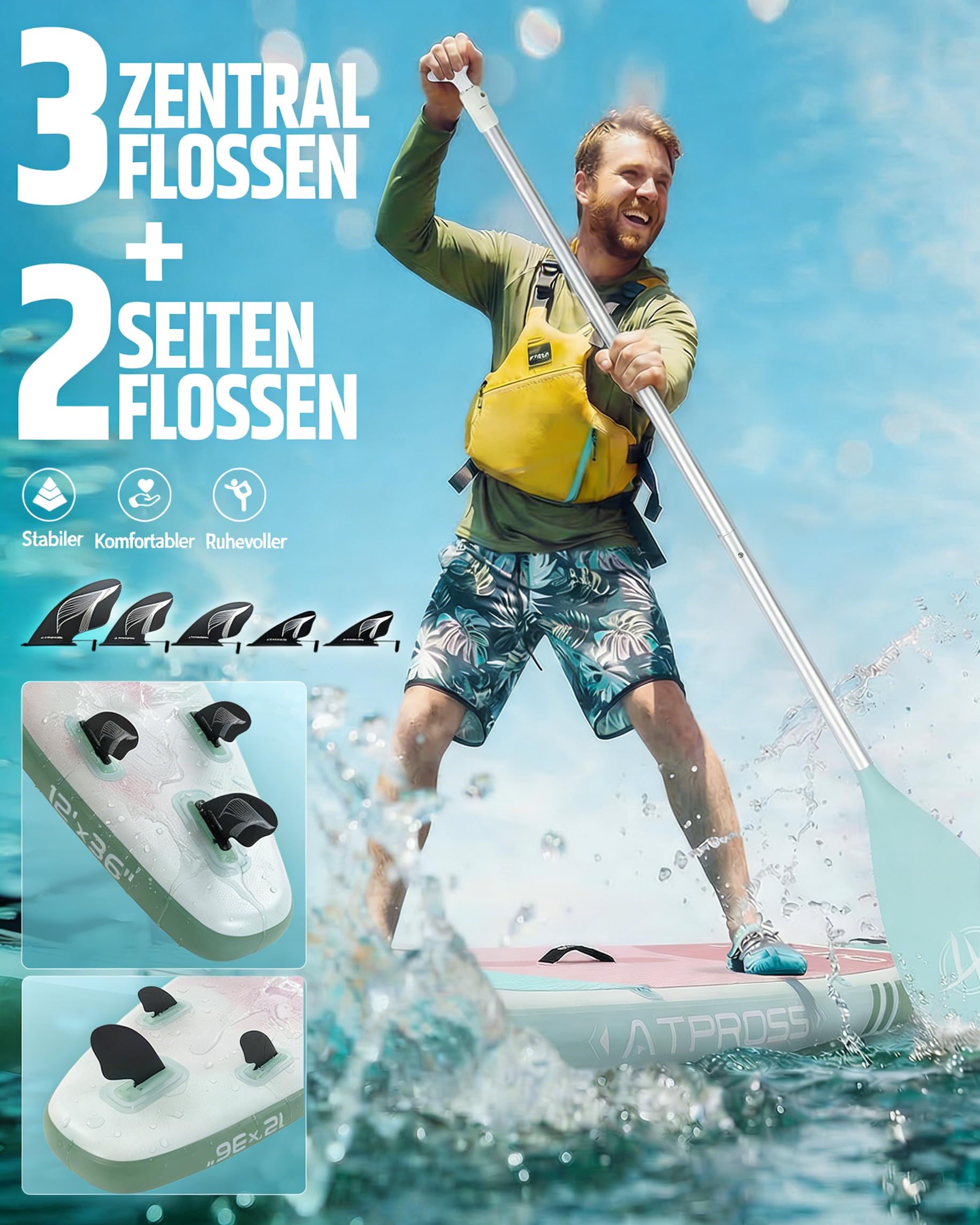366x92cm Extra Groß & Breit Stand Up Paddling Board, SUP Board 240kg für alle Gewässer, Ultra-stabiles Stand Up Paddle mit Sitz & Zubehör Set, SUP für Yoga, Angeln & Surfen