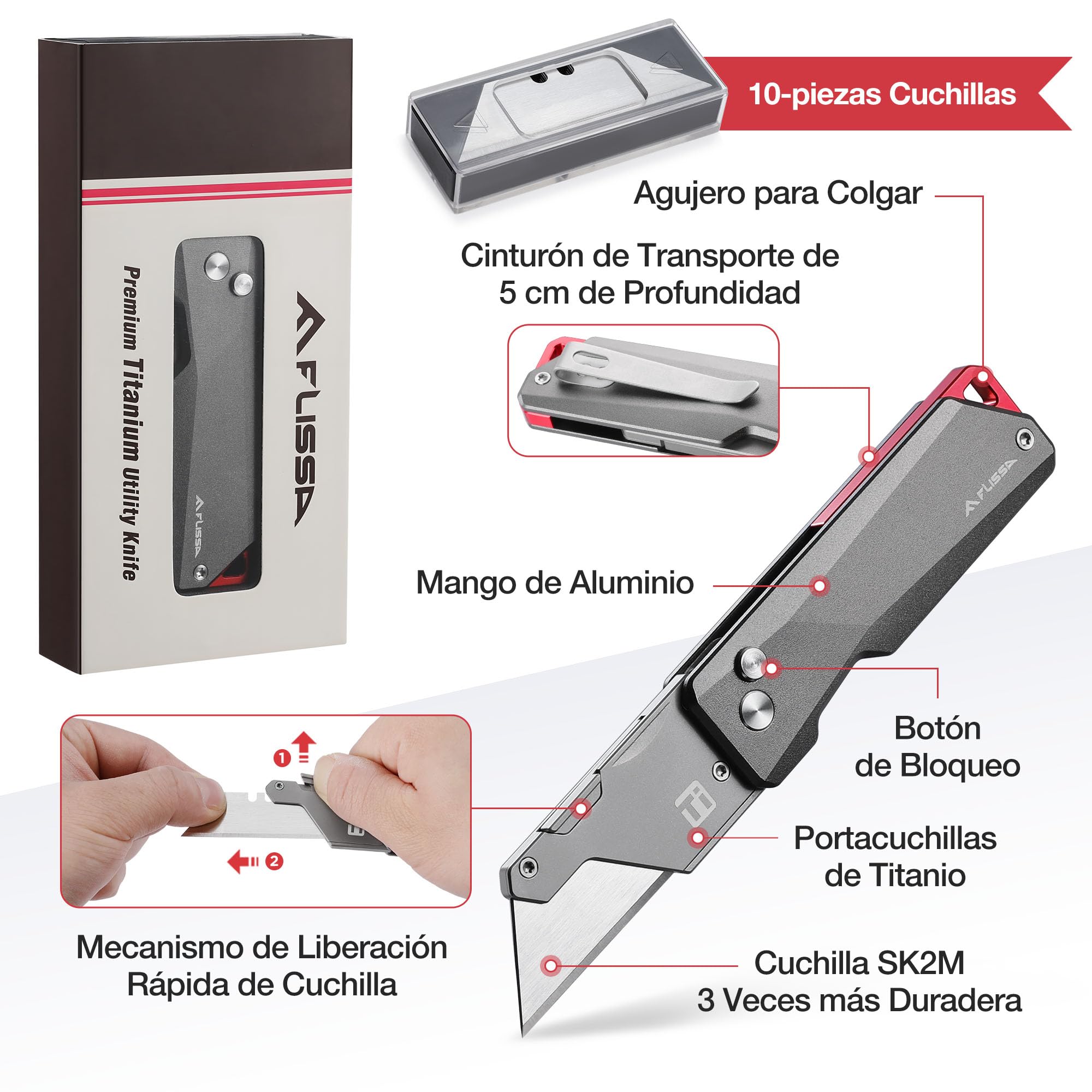 FLISSA Cuchillo Plegable para Alfombra, Cuchillo Universal Fresado en Titanio CNC, Cuchillo de Corte con Cuchilla de Cambio Rápido, con 10 Cuchillas Adicionales