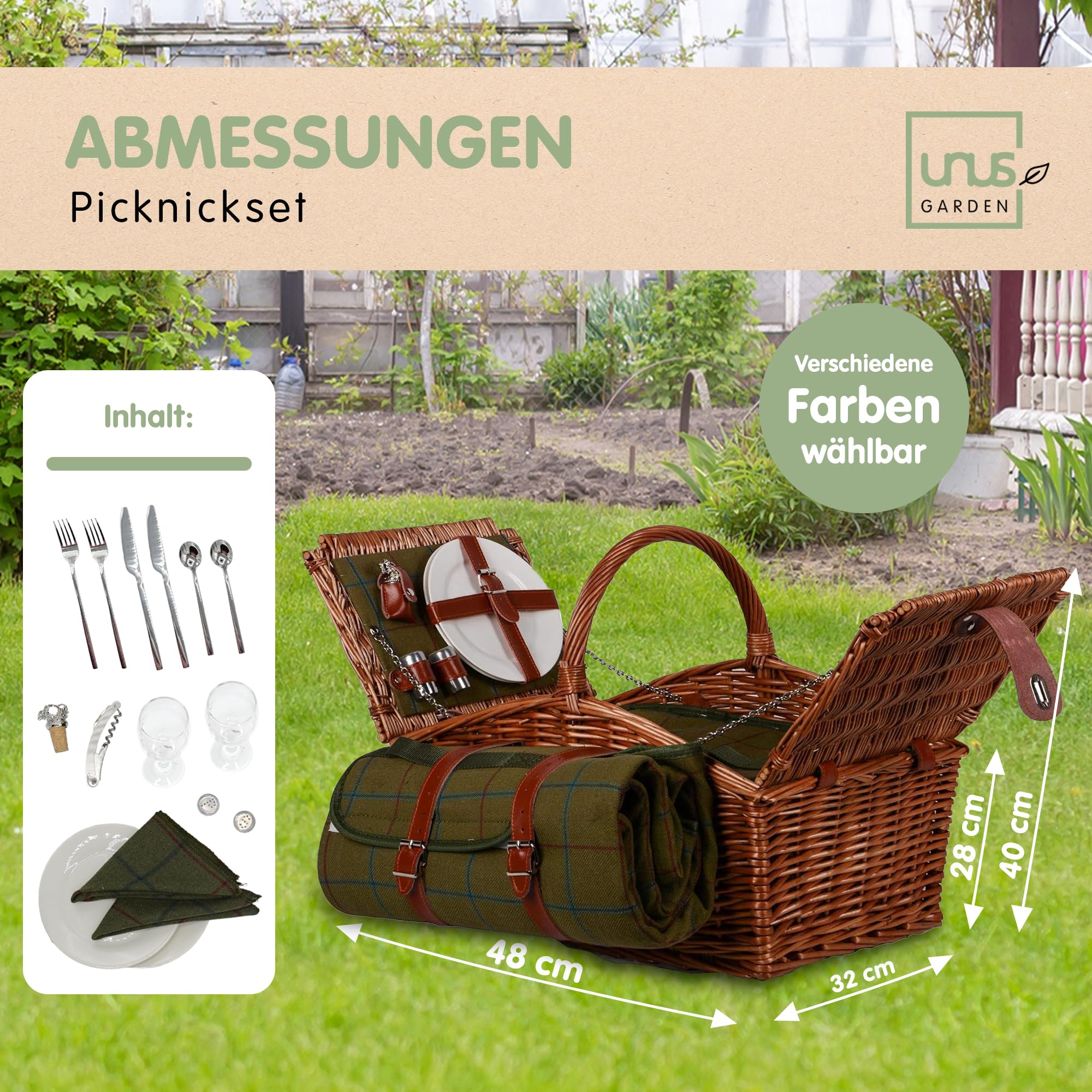 UNUS Picknick Set 2 Personen mit Picknickkorb mit integrierter Kühltasche, Picknickdecke 135x115 cm, Besteck und Geschirr, Korb in Natur, Decke in Grün