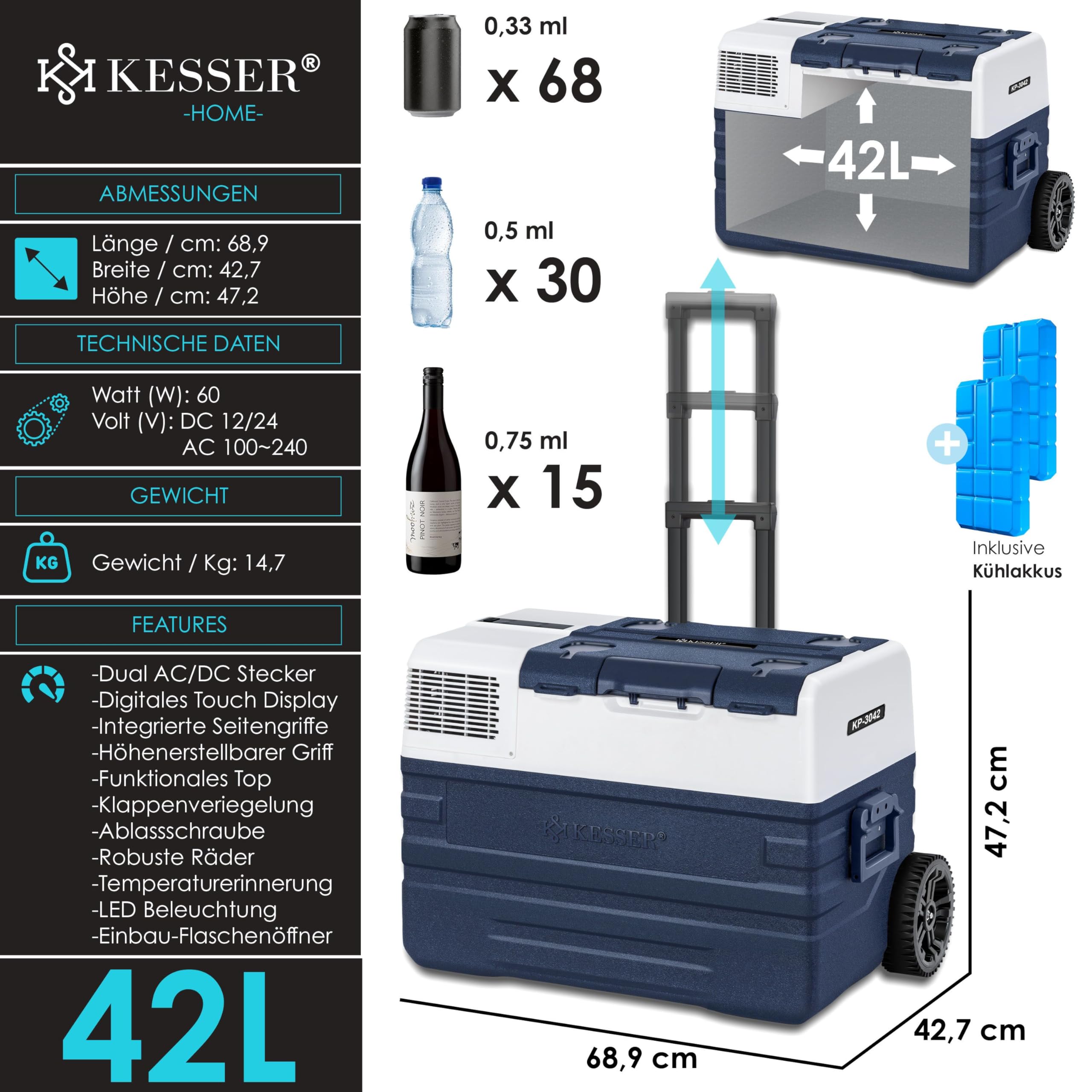 KESSER® Kompressor Kühlbox Auto elektrisch 42L, Camping Kühlbox 12/24/230V mit APP-Steuerung, Gefrierbox bis –20 °C, mit Rädern & Teleskopgriff für Camping, Wohnmobil, LKW & Boot + 2 Kühlakkus