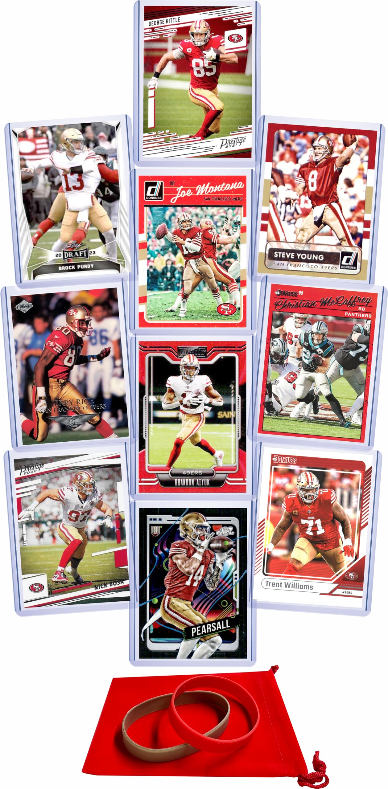 San Francisco 49ers Cards: Brock Purdy, Christian McCaffrey, Ricky Pearsall, George Kittle, Brandon Aiyuk, Nick Bosa, Steve Young, Joe Montana, Jerry Rice, Trent Williams ASSORTED Football Stars & GOATs Trading Card & Wristbands Gift Pack