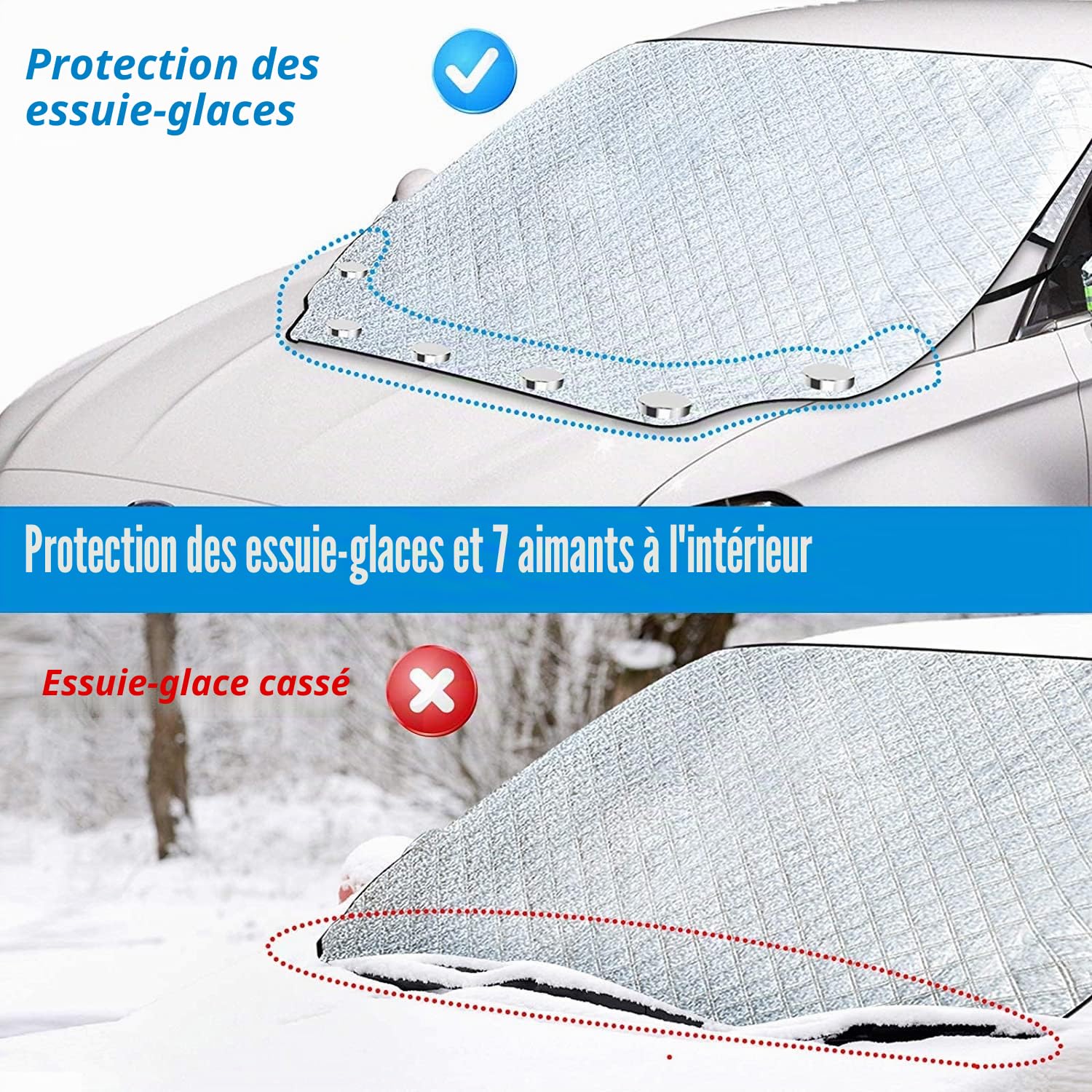 Couverture Pare Brise Voiture, Bache Pare Brise Protection Magnétique Couverture Repliable avec Couvercle de Rétroviseur, Universelle Bache pour Voiture Anti Givre et Neige