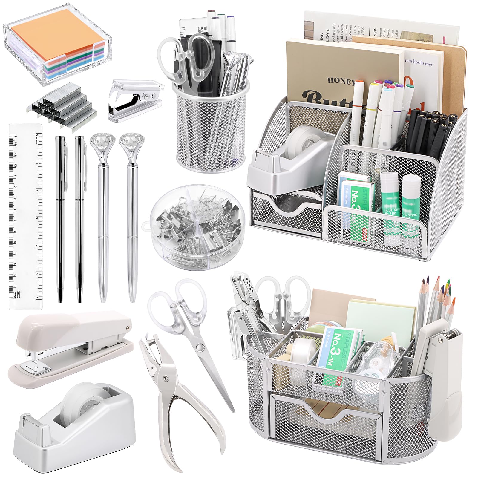 17 in1 Silvery Desk Organizers and Accessories Set, 3 Office Desk Supplies Storage Organization, 4 Pens, Stapler, Staples & Remover, Tape & Dispenser, Scissors, Ruler, Clips, Hole Punch, Sticky Holder