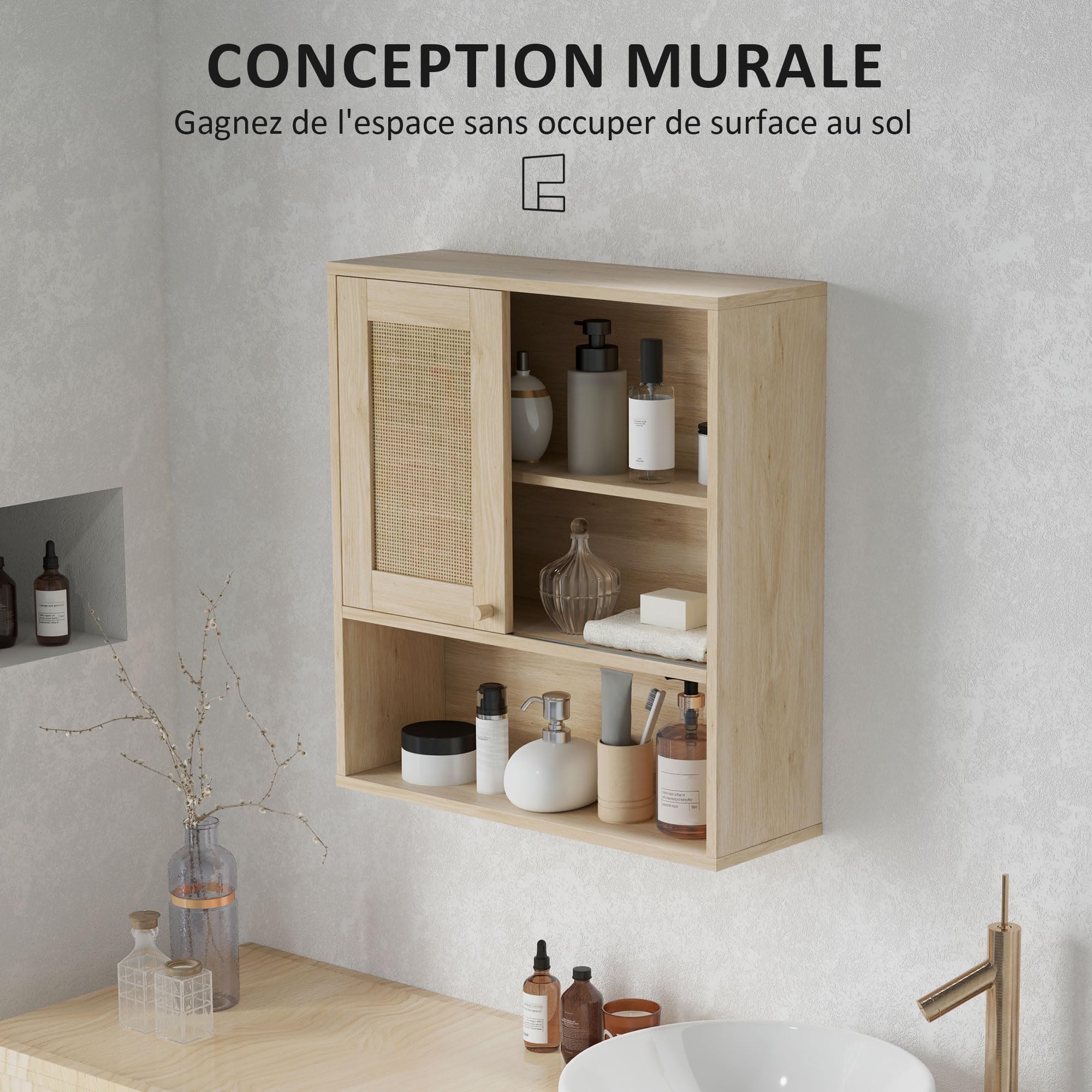HOMCOM Armoire murale, meuble haut salle de bain avec porte coulissante en rotin et étagères ouvertes, meuble de salle de bain style bohème, meuble de rangement suspendu, 60 x 20 x 65 cm, bois naturel