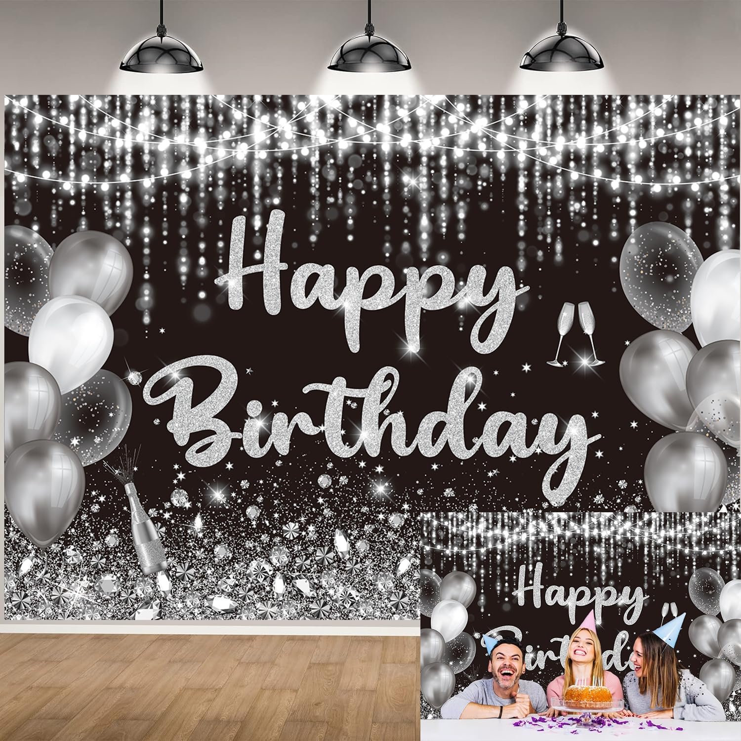 Black Silver Happy Birthday Backdrop Glitter Silver Balloon Photography Background for Women Men Birthday Party Decorations Banner Photo Props (7x5FT（