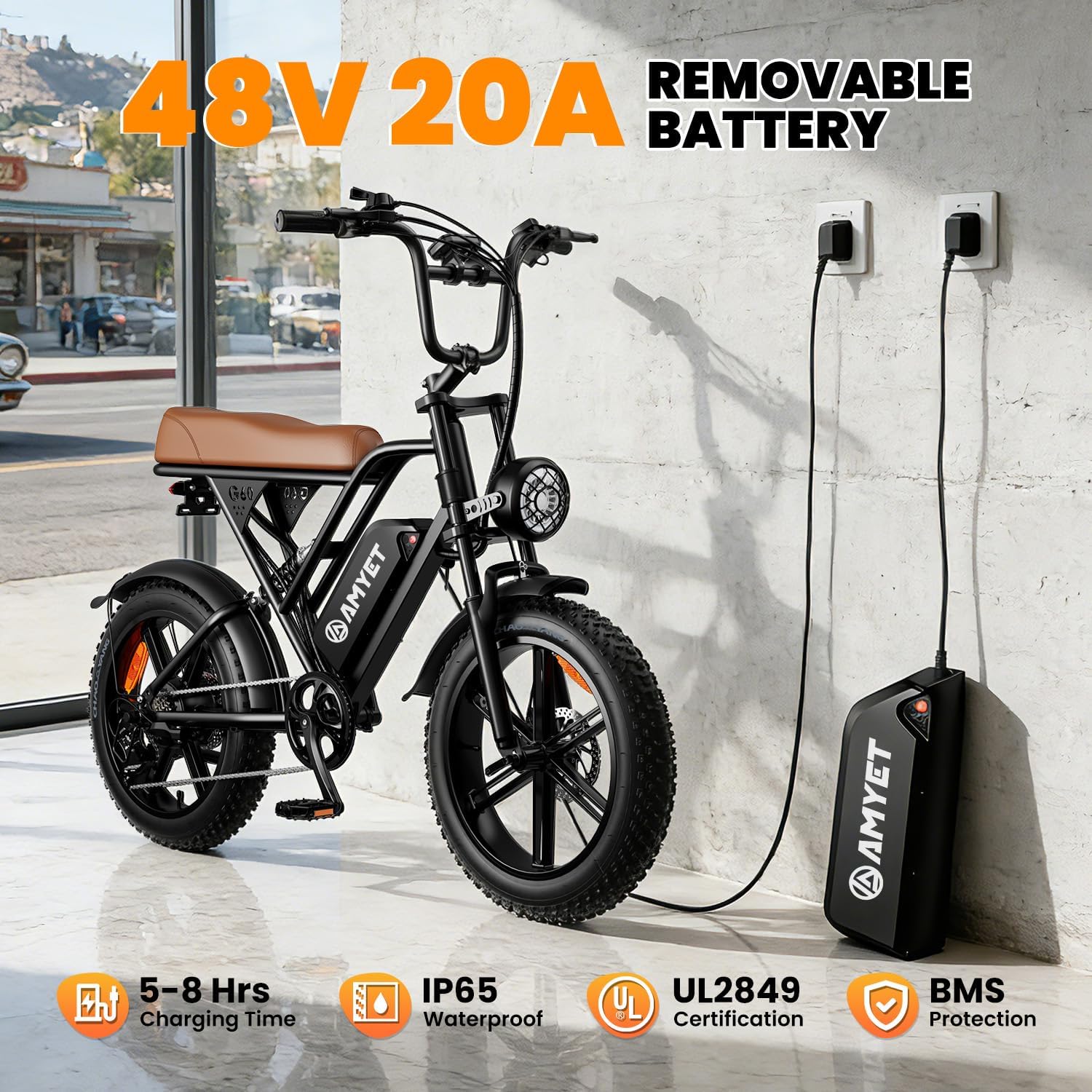 AMYET V9-G60 Electric Bike for Adults, 48V 20Ah(960WH) Ebike with Removable Battery, 20" Fat Tire E Dirt Bike,Dual Shock Absorber, Adults Electric Bike with UL 2849 Certificaed