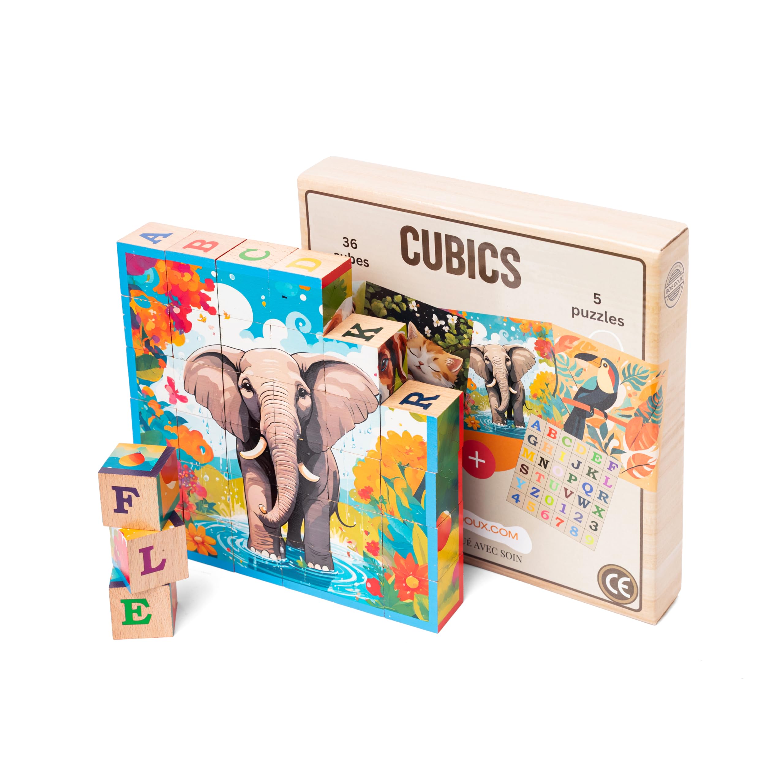 CUBICS – Rompecabezas Montessori de Madera 6-en-1 con 36 Cubos – 5 Puzzles de Animales, Letras y Números – Juguete Educativo Infantil 3+ – Motricidad Fina y Lógica – Madera Natural sin Plástico