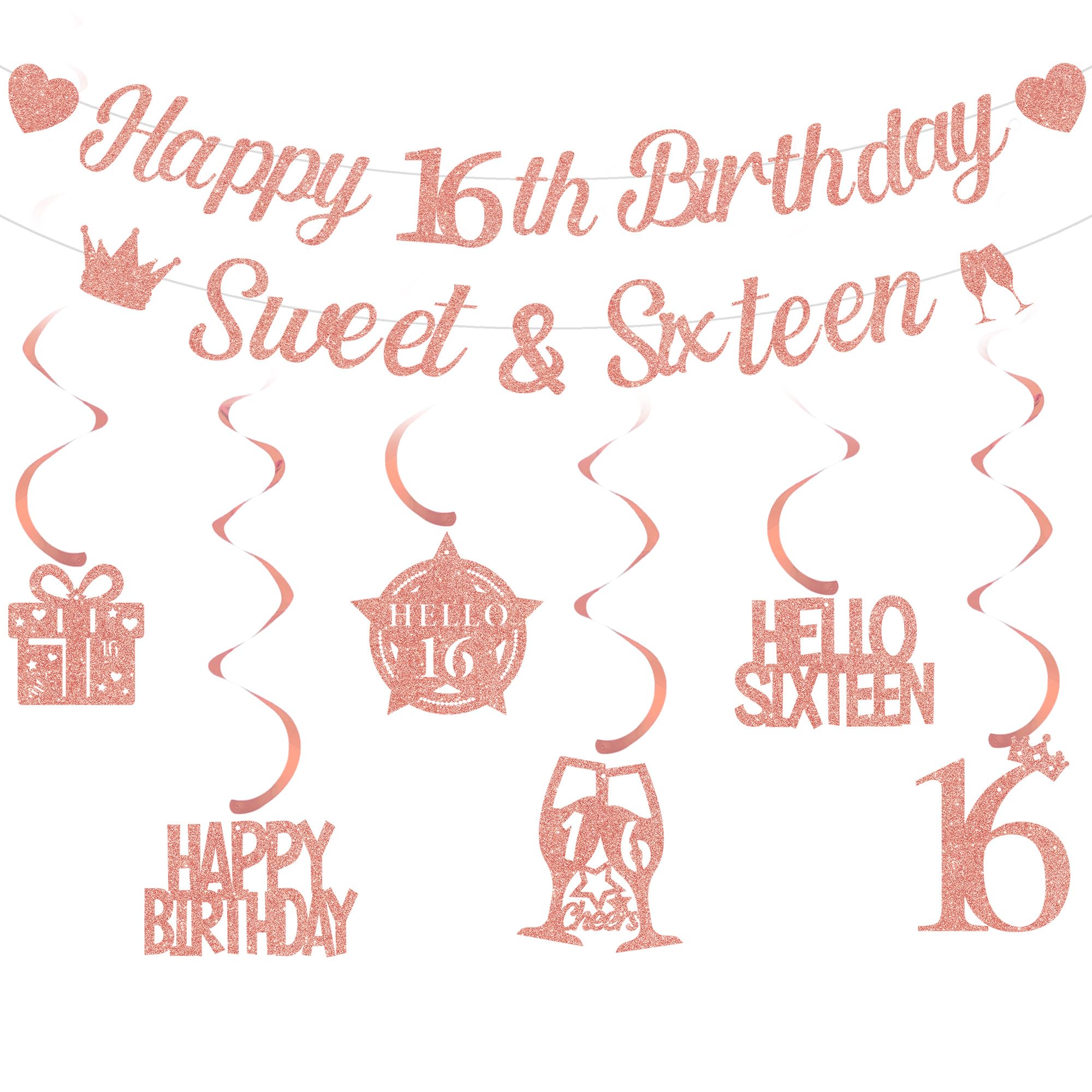 Happy 16th Birthday Banner Decorations - Rose Gold Glitter Sixteen Banners Party Supplies for Her Girls, Hello 16 Gift Box Garland Birthday Banner Set for 16 Years Old Party Decor โ image 1