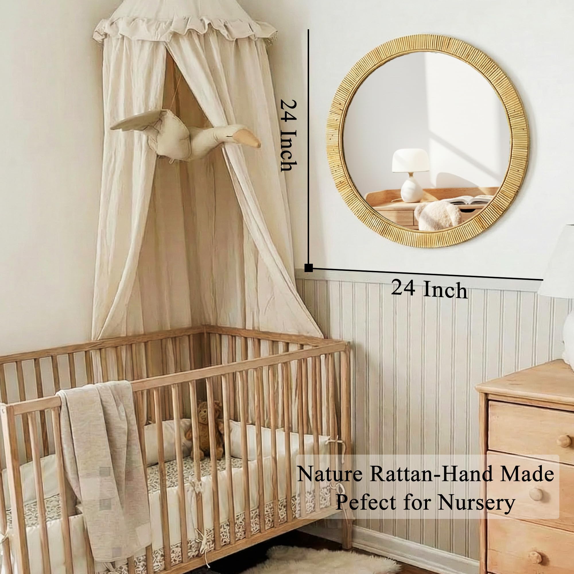 inoseen Decorative Rattan Wall Mirror, Boho Bathroom Modern Makeup Mirror, Rustic Wall Bohemia Mirrors for Bedroom, Living Room, Vanity Versatile Farmhouse, Nursery, Bathroom, 24"x24", Round Product Image 2