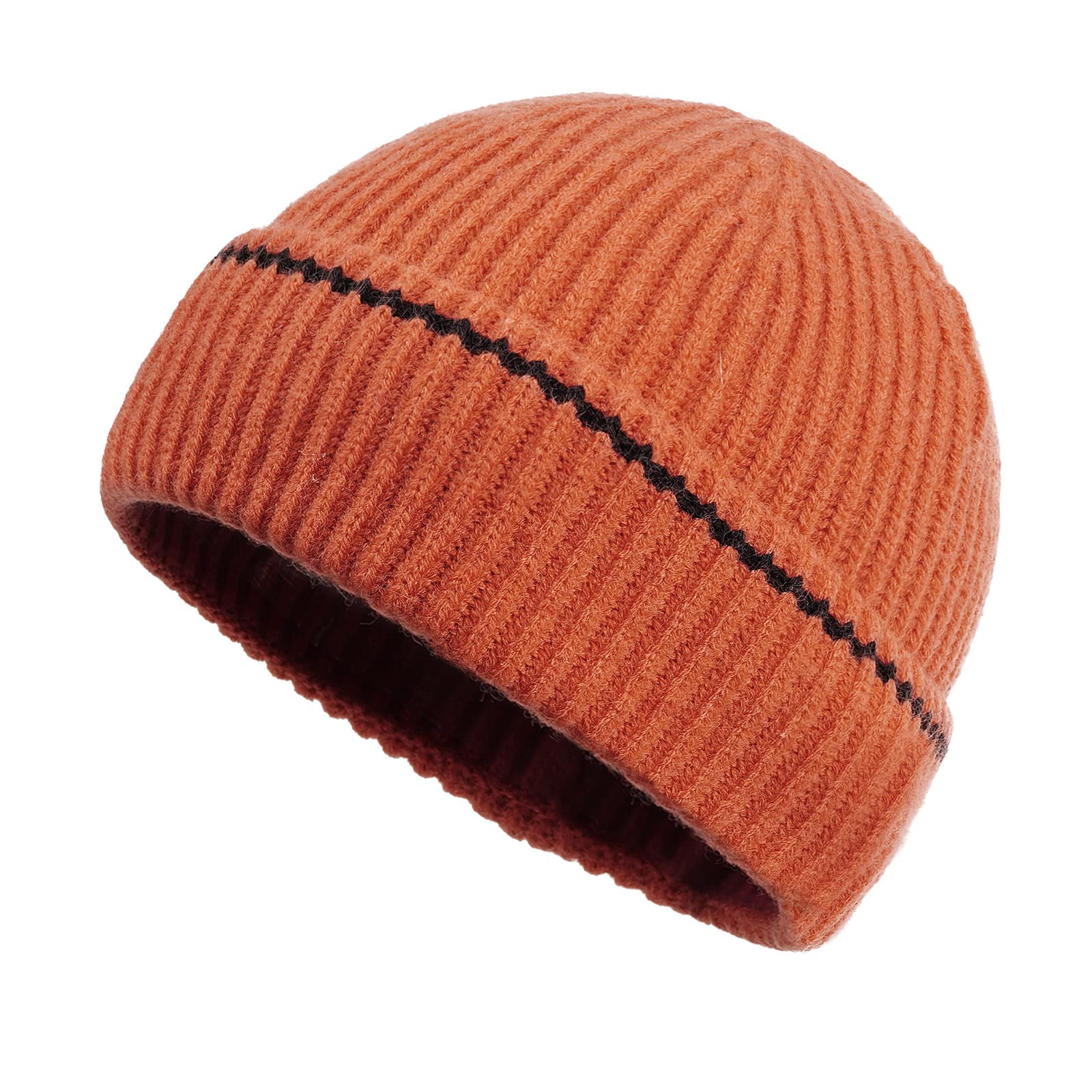 Photo 1 of CLAPE Trawler Beanie Watch Hat Roll-up Edge Skullcap Warm Knitted Ribbed Cuffed Skull Hat Cap Unisex Outdoor Plain Knit Hats One Size Kh58-orange