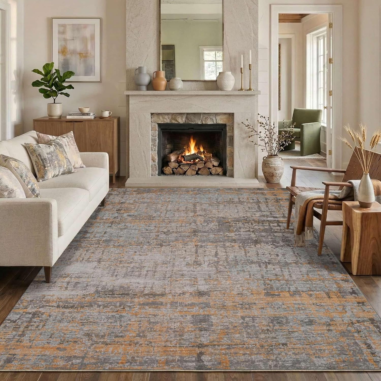 Rugxara 6x9 Washable Area Rug for Living Room, Modern Abstract Large Boho Rugs for Office, Dining Room, Kids Room, Farmhouse, Durable Low Pile Non Slip Carpet for High Traffic Areas, Taupe