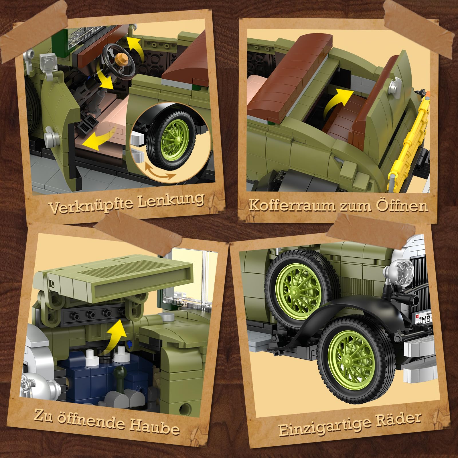 JMBricklayer Retro Auto Modellbau für Erwachsene mit Licht, 50001 Vintage Modellauto Bausätze, Oldtimer Car Sammler Ausstellungsset Dekorationen, Bausteine Geschenke für Fans Klassischer Fahrzeuge