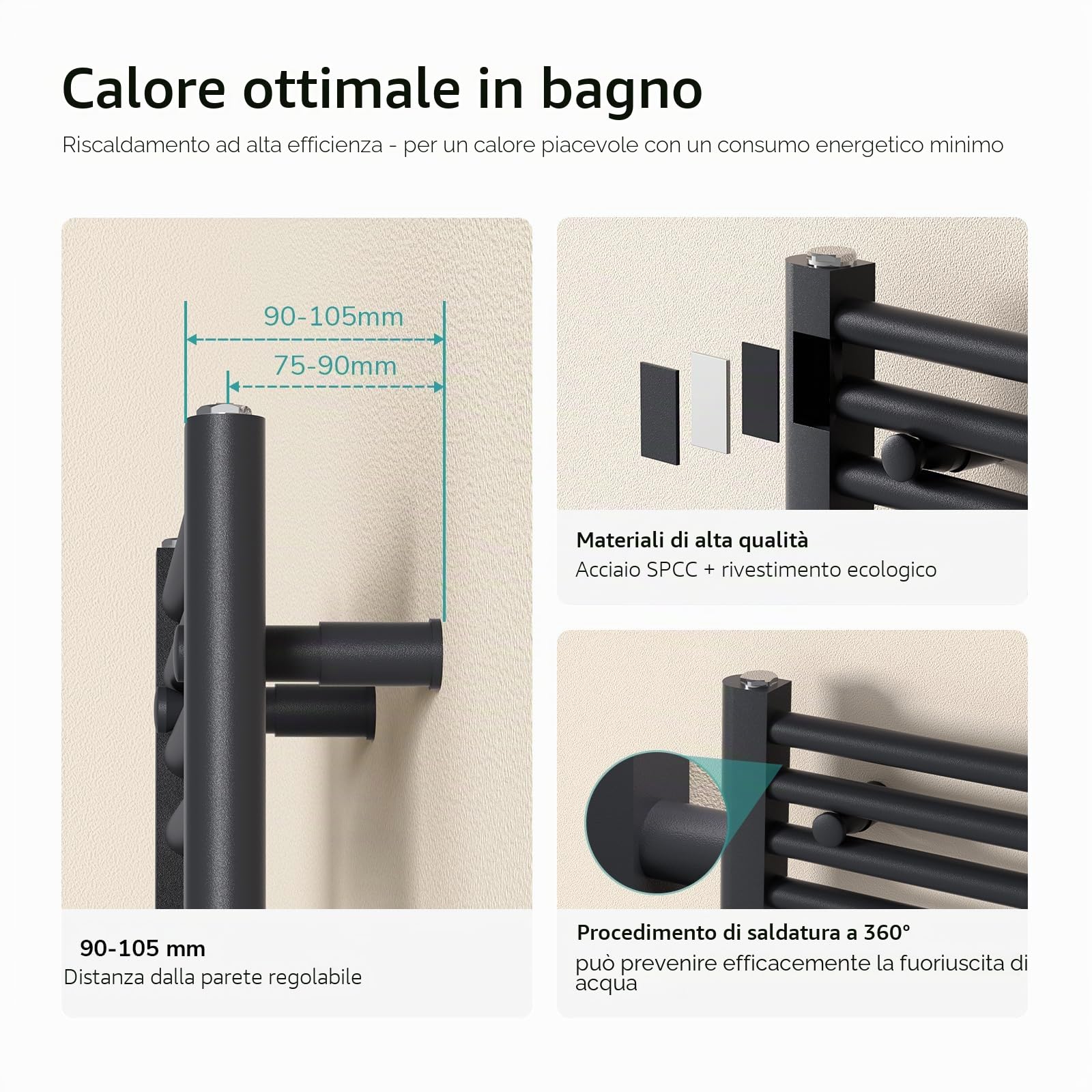EMKE Radiatore da Bagno in Acciaio Inox, Antracite, 40 x 100 cm