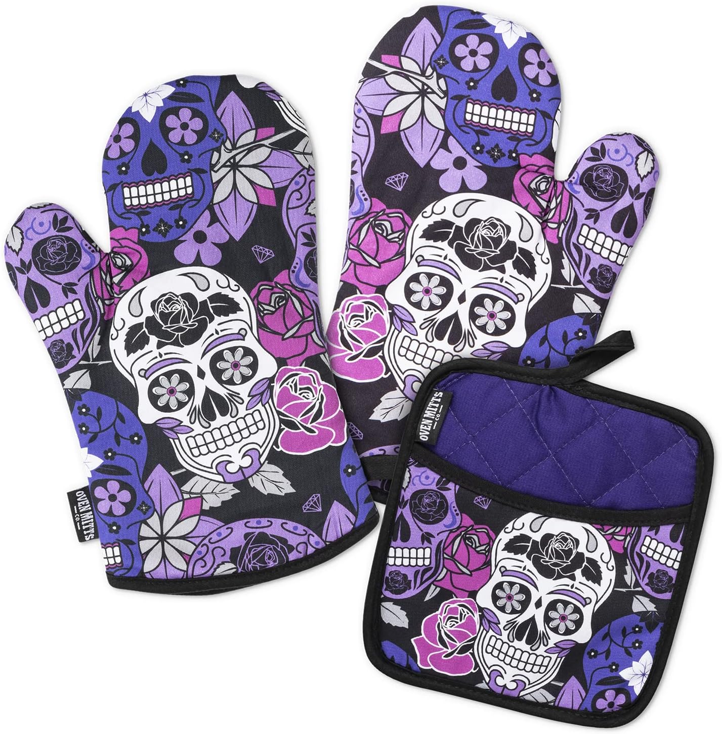 Sugar Skull Purple, Oven Mitts and Pot Holder 3pcs Set, Insulated, 100% Cotton, Set