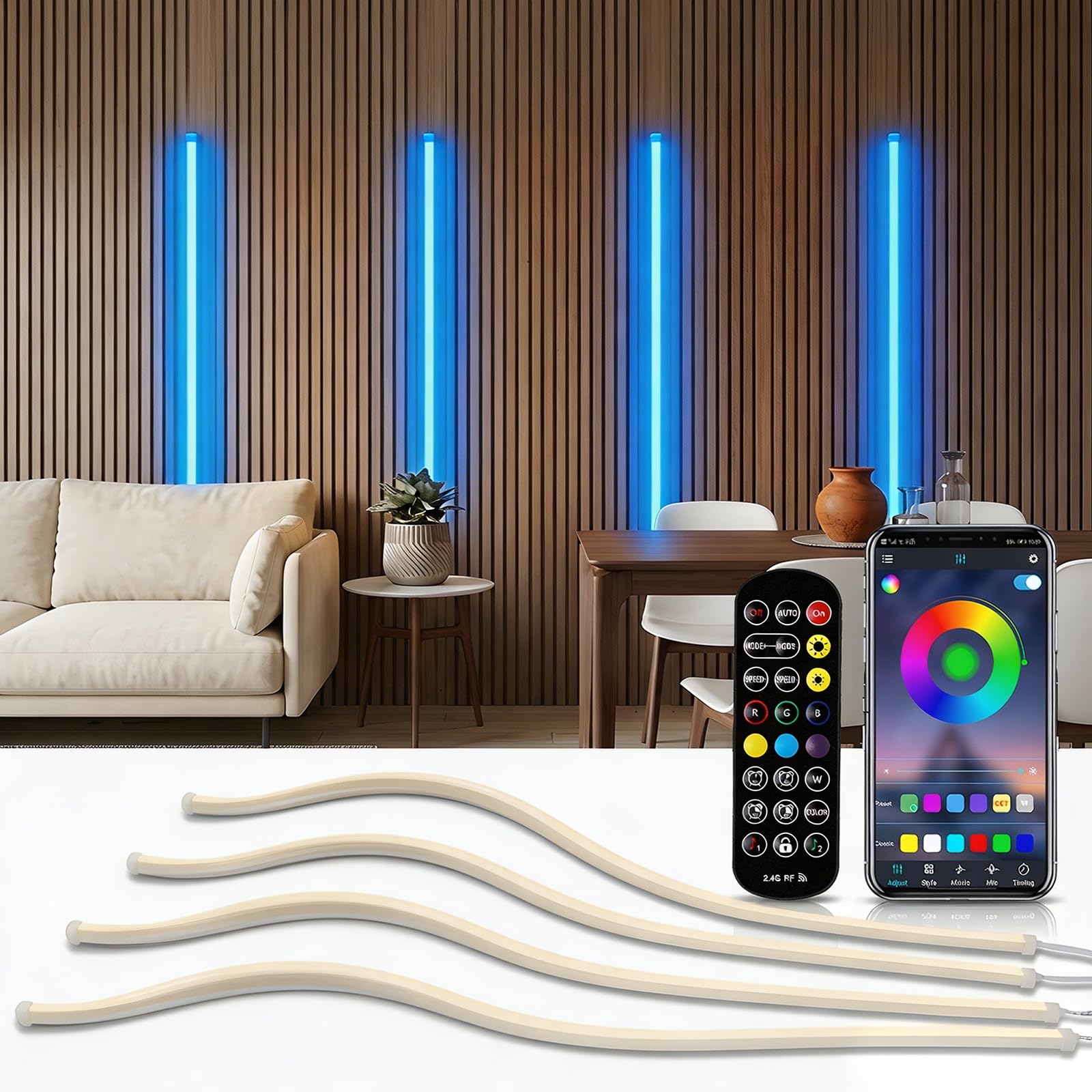 Iluminación para Paneles Acústicos, Regulable Recortable RGB LED Integrado 4 Tiras 100cm con Sincronización Musical Control Remoto Color y Brillo Ajustables Control por Voz y App (4 Tiras)