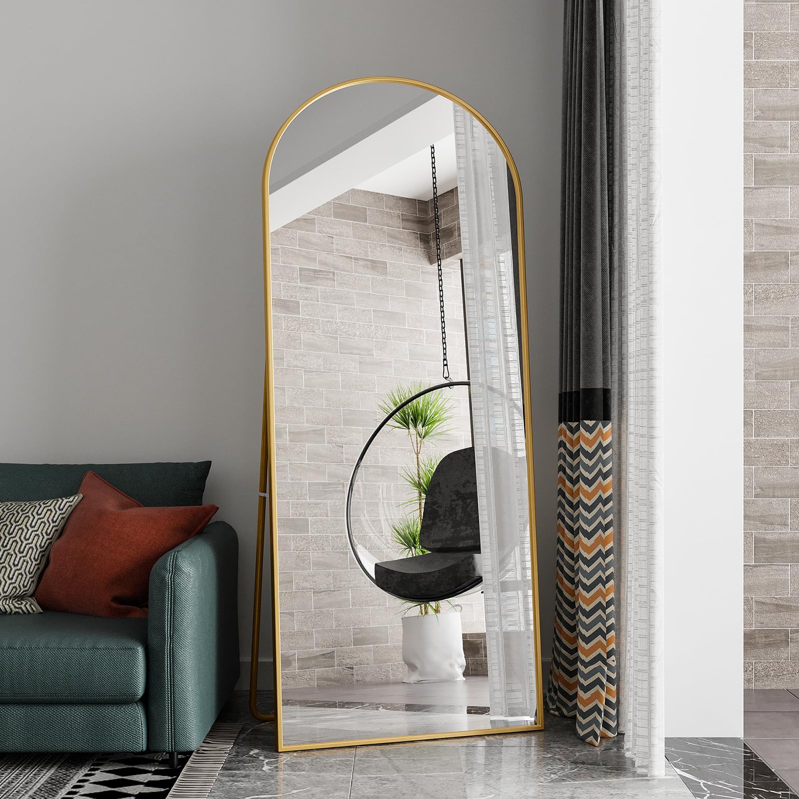 Miroir De Sol Bombé 180 X 80 Cm Avec Pied - Cadre Aluminium, Verre Sécurité, Pour Chambre Ou Dressing