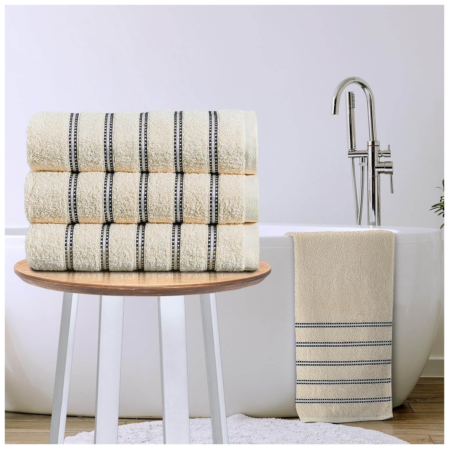 GC GAVENO CAVAILIA Striped Bath Sheets Extra Large 3Pack | 600GSM Towels Bath Sheets Quick Dry & Water Absorbent Towels Set | Lightweight Hotel Quality Thick Cotton Towel Bath Sheet 90x150 Cm, Bone
