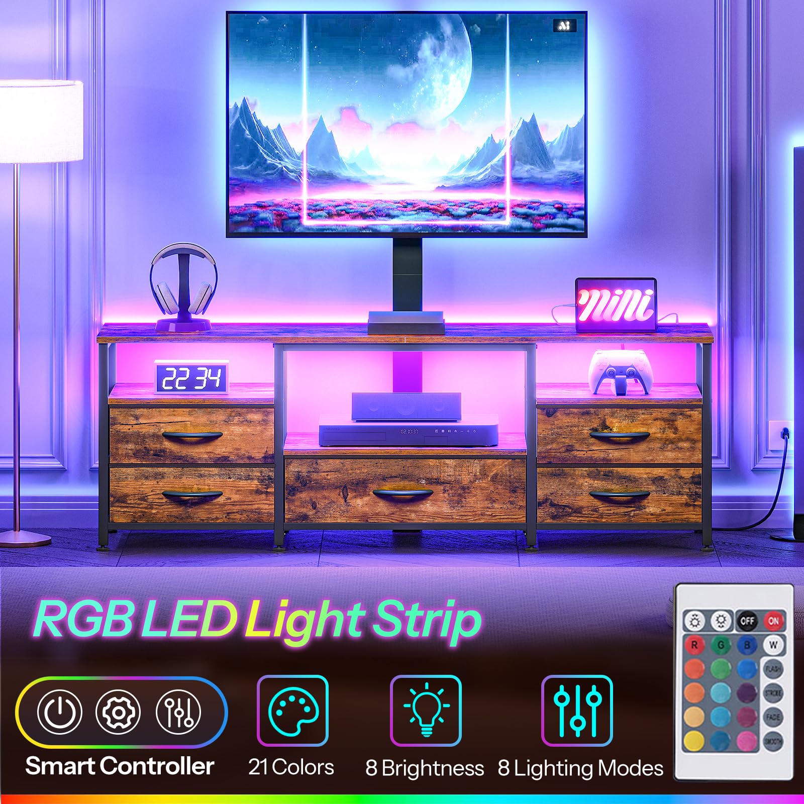 HOOBRO TV Stand with Mount and Power Outlet, for 32/45/55/60/65 inch TVs, Swivel Led Entertainment Center with Drawers, Adjustable Media Console for Living Room, Bedroom, Rustic Brown BF130UDDS01