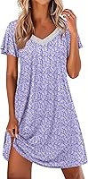 Ekouaer Women's Lace Trim V-Neck Nightgown - Flare Sleeve Pleated Sleep Shirt, Soft Stretchy Nightdress
