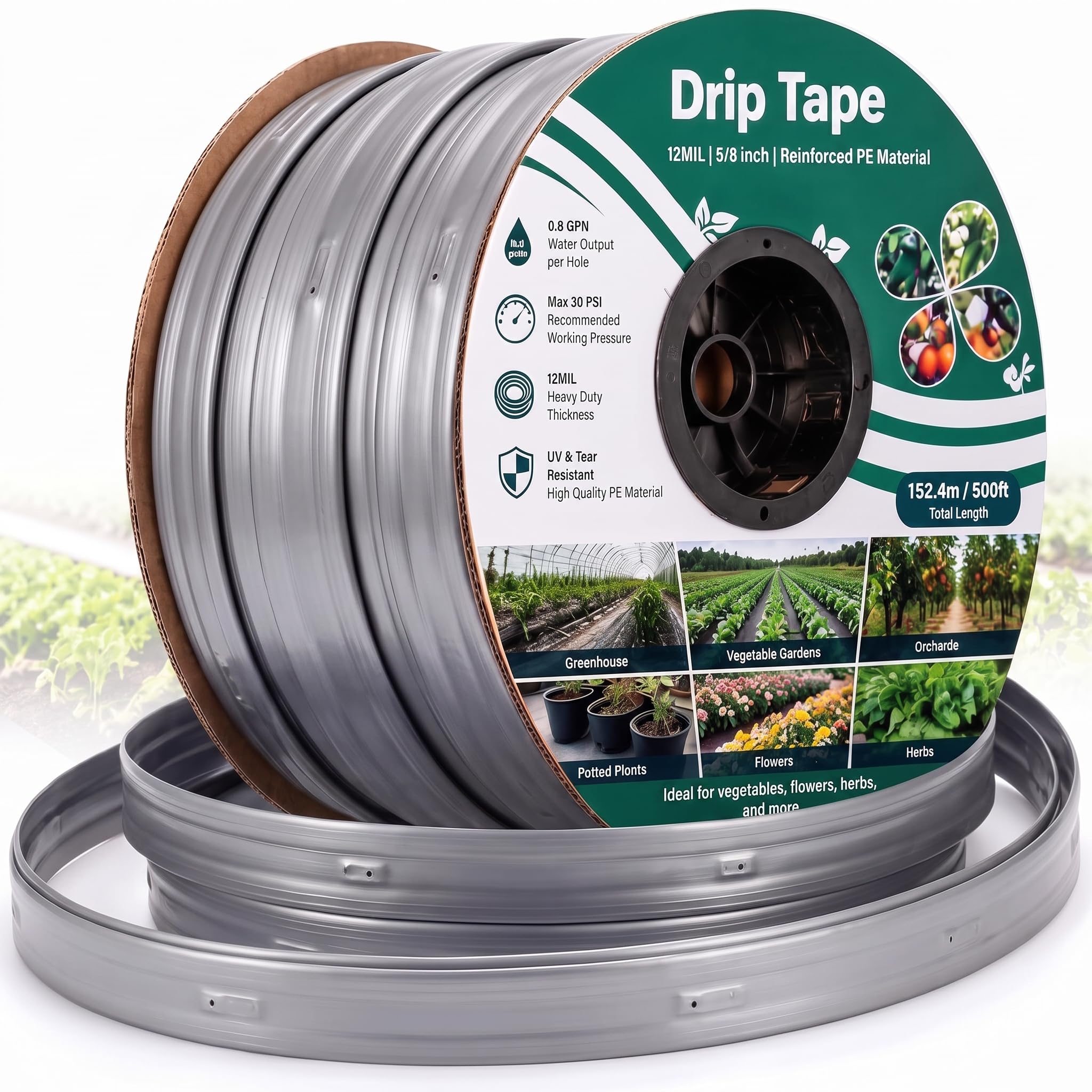 Photo 1 of Innconee 500ft 5/8" Drip Tape Irrigation 12 Mil Silver Reflective Tubing with 6" Emitter Spacing UV Resistant Anti-bird Pecking Watering System for Garden Agricultural Farm Greenhouse