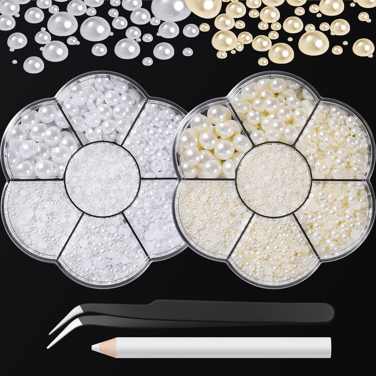 12000 Pcs Nails Art Flat Back Pearls Kits, 1 Box of Beige Half Round Pearls and 1 Box of White Flat-Back Pearls with Pickup Pencil and Tweezer for Home DIY Nail Art, Face Makeup, Craft and Salon Use